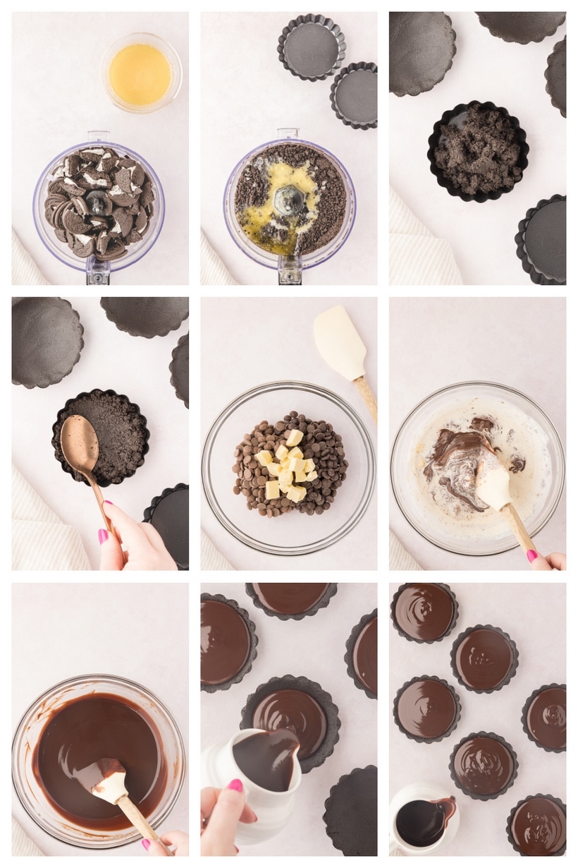 Step-by-step collage showing how to make mini chocolate ganache tarts, from crushing cookies to filling tart shells with ganache.