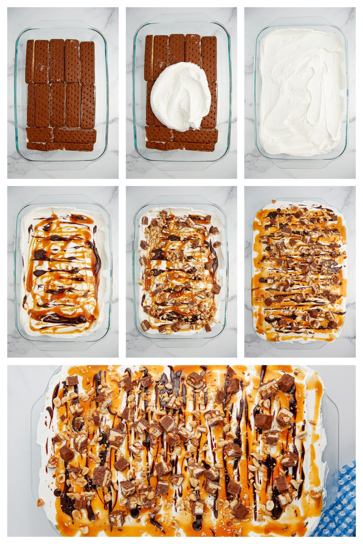 how to make snickers ice cream cake with ice cream sandwiches Step-by-step photos showing how to assemble a snickers ice cream sandwich cake in a 9x13 pan