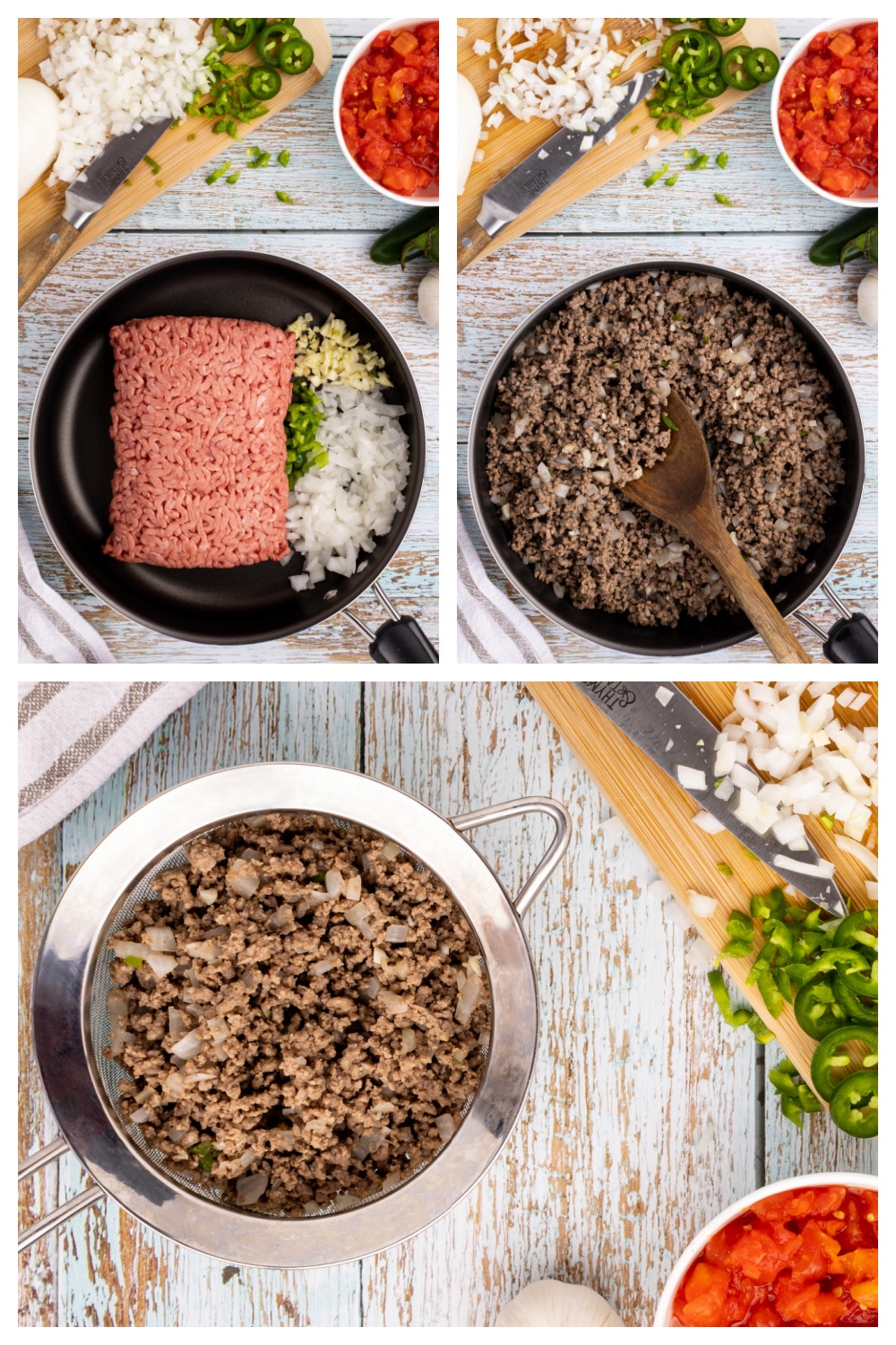 Making the ground beef for taco soup step by step collage of browning the ground beef