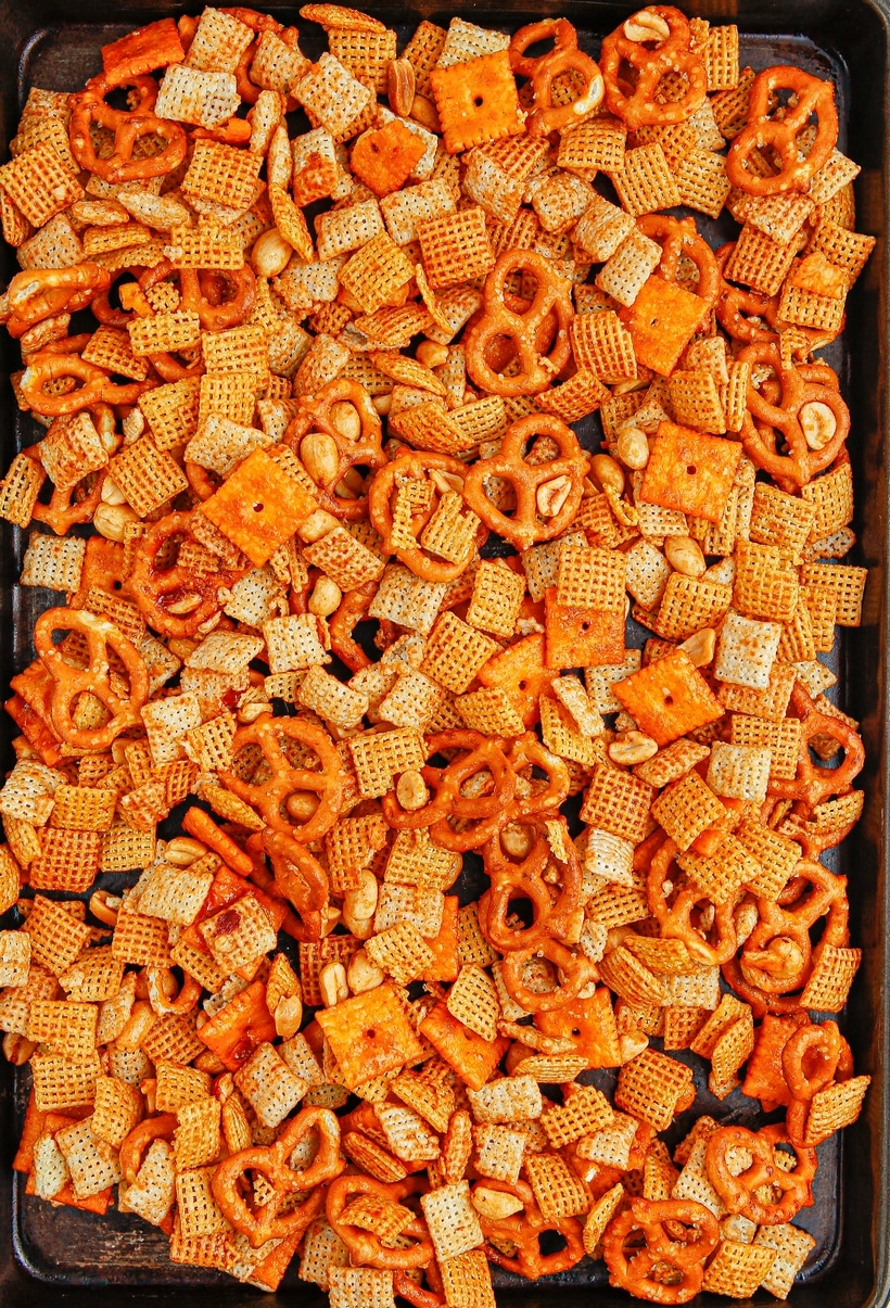 Golden brown BBQ Chex mix after baking.