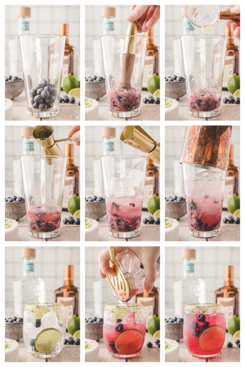 A visual collage of the blueberry margarita process from prepping the rim to the final pour.