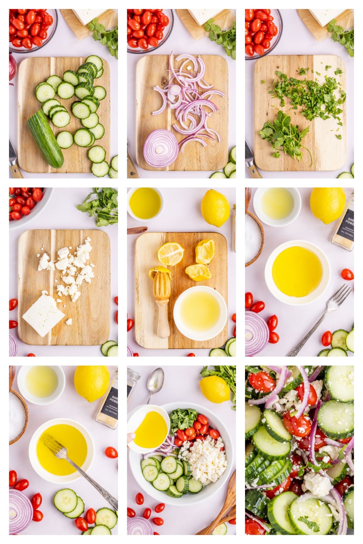 How to Make Cucumber Feta Salad with Red Onion Step-by-step process collage showing how to prep cucumber feta salad with lemon dressing and fresh herbs.