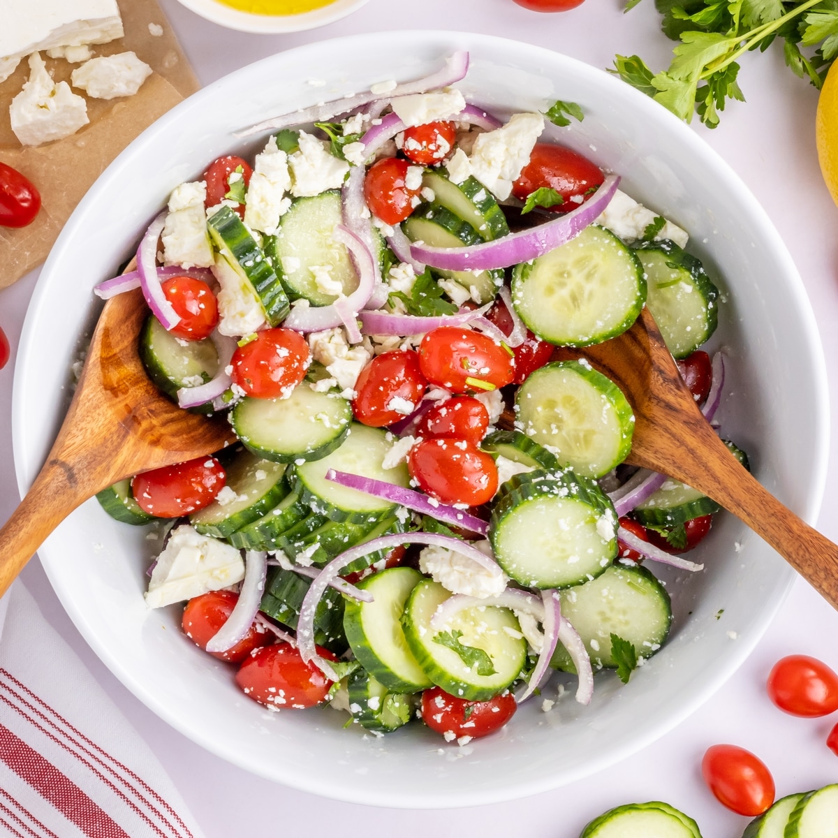 Cucumber Feta Salad with Red Onion and Lemon Dressing