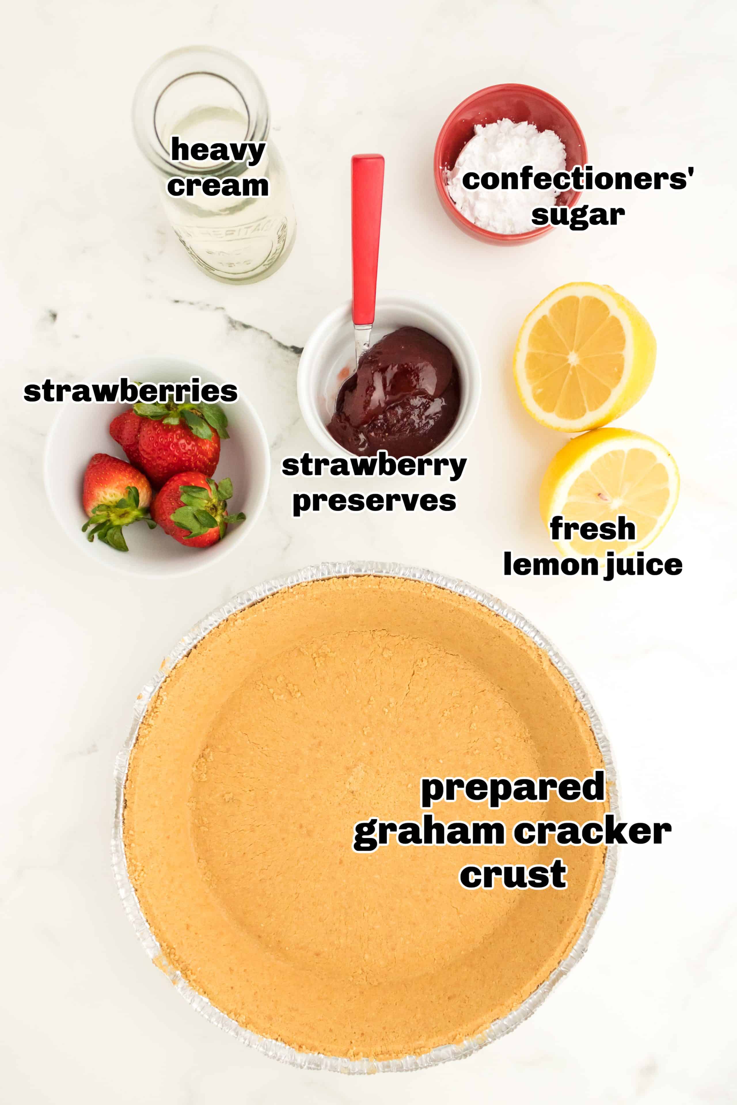 ingredients laid out for making strawberry lemonade pie Ingredients for no bake strawberry lemonade pie arranged on a counter