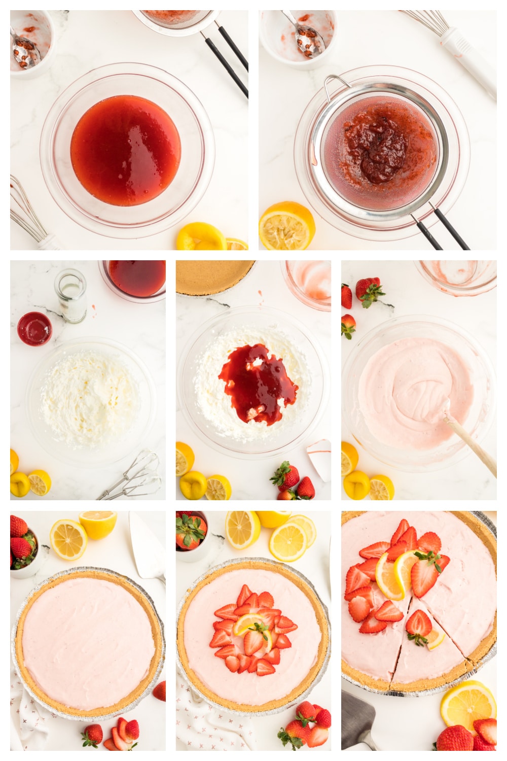 process collage for making no bake strawberry lemonade pie Step-by-step collage showing how to make strawberry lemonade pie