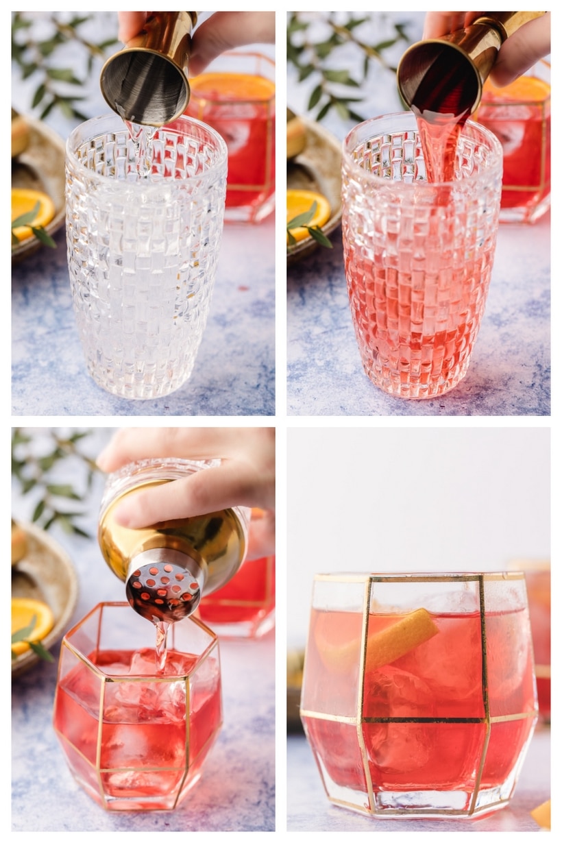 How to make a Negroni with the right ratio and garnish Step-by-step collage showing how to make a balanced Negroni cocktail with orange peel garnish.
