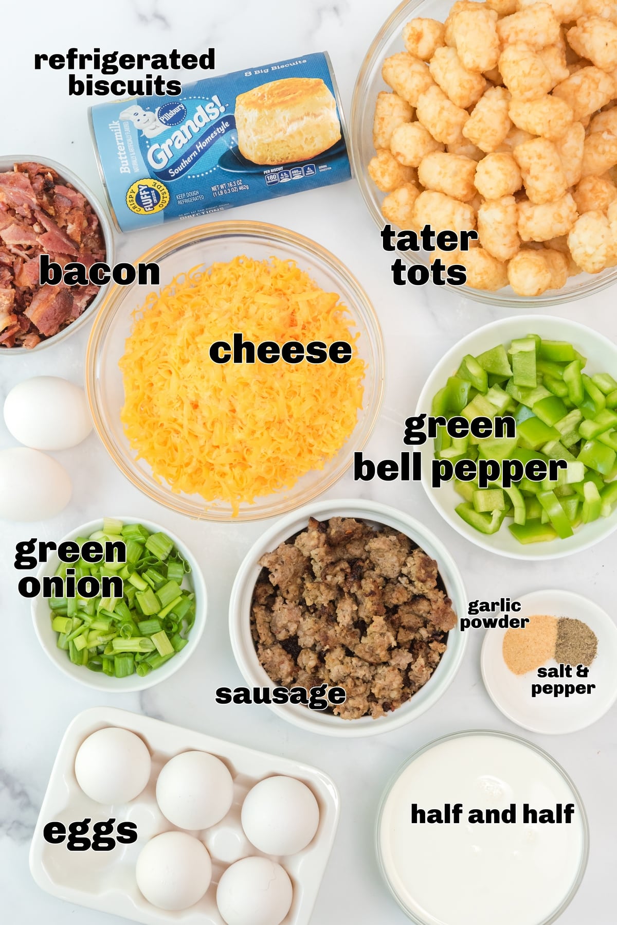 This overnight breakfast casserole is the answer to an easy, all-in-one breakfast. Biscuits, bacon, sausage, and tater tots—basically all the best parts of a breakfast plate in a single bite. ingredients