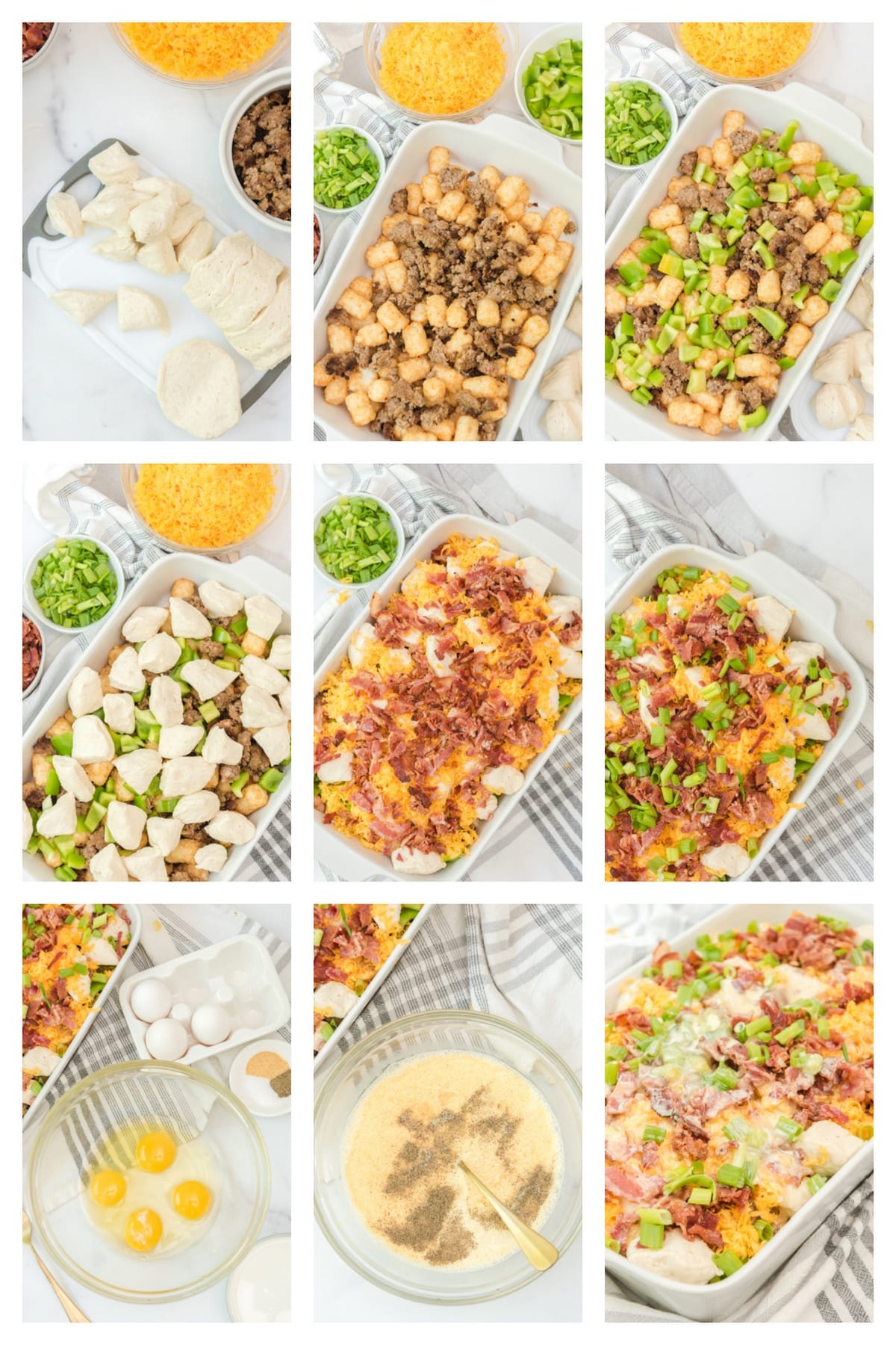 This overnight breakfast casserole is the answer to an easy, all-in-one breakfast. Biscuits, bacon, sausage, and tater tots—basically all the best parts of a breakfast plate in a single bite. how to make it