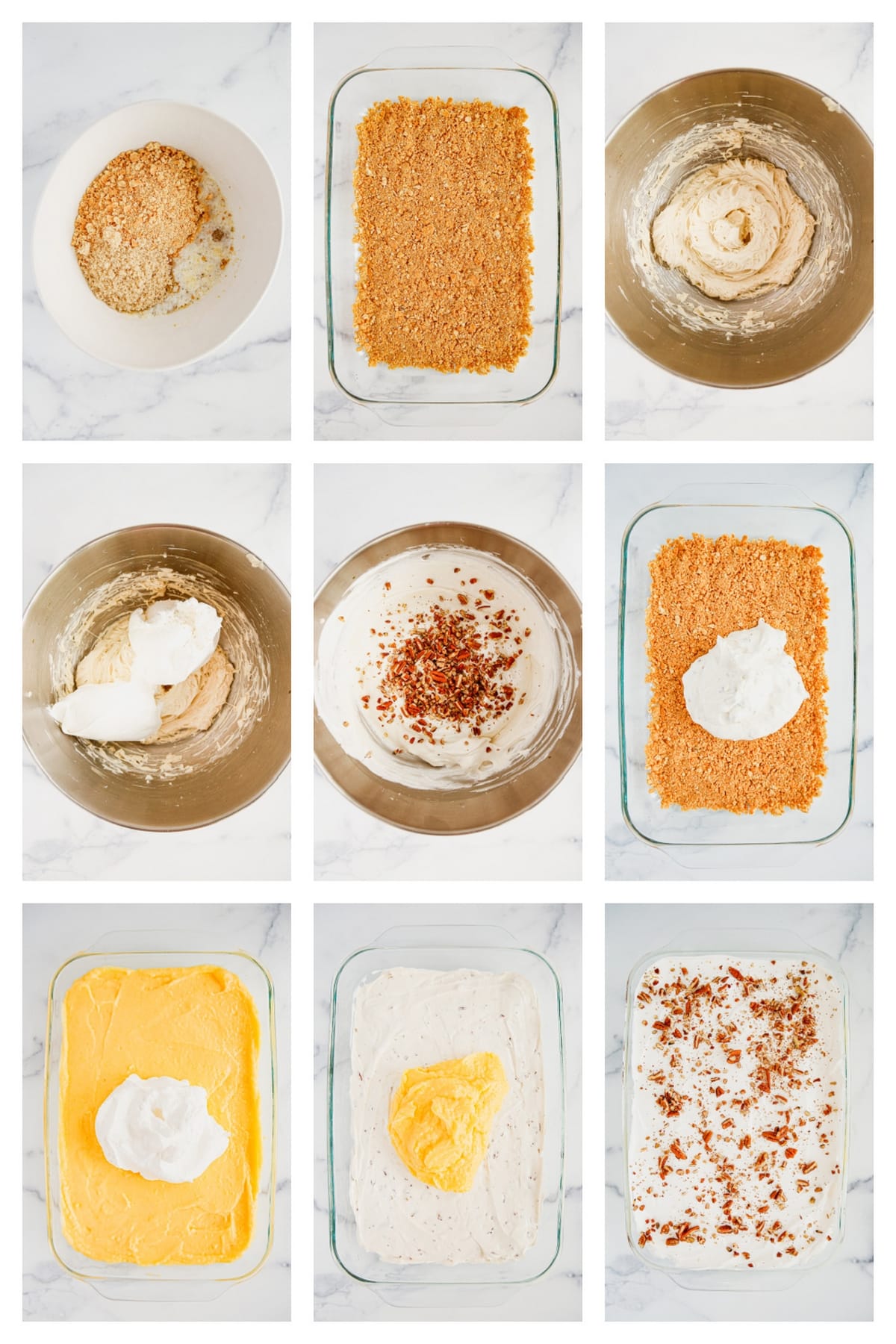 Step-by-Step Guide to Making Pecan Cream Pie Lush Collage showing the steps to make Pecan Cream Pie Lush: preparing the crust, mixing the filling, layering ingredients, and final assembly.