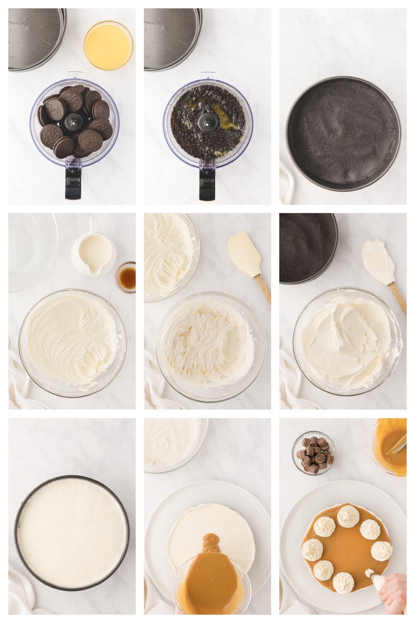 Step-by-step collage of Rolo No-Bake Cheesecake preparation Step-by-step collage showing the preparation of the Rolo No-Bake Cheesecake.