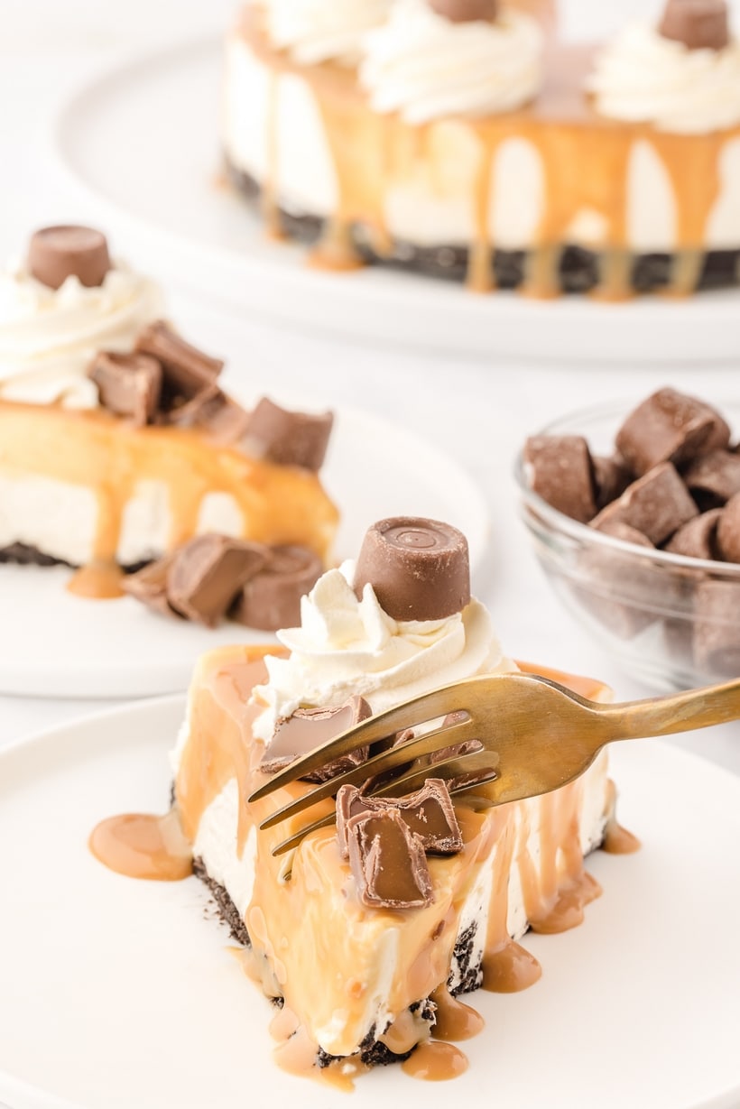 Fork taking a bite of Rolo No-Bake Cheesecake A fork taking a bite of the Rolo No-Bake Cheesecake, with creamy filling visible.