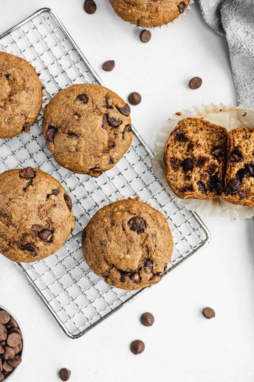 Chocolate Chip Banana Muffins whole and sliced banana choc chip muffins