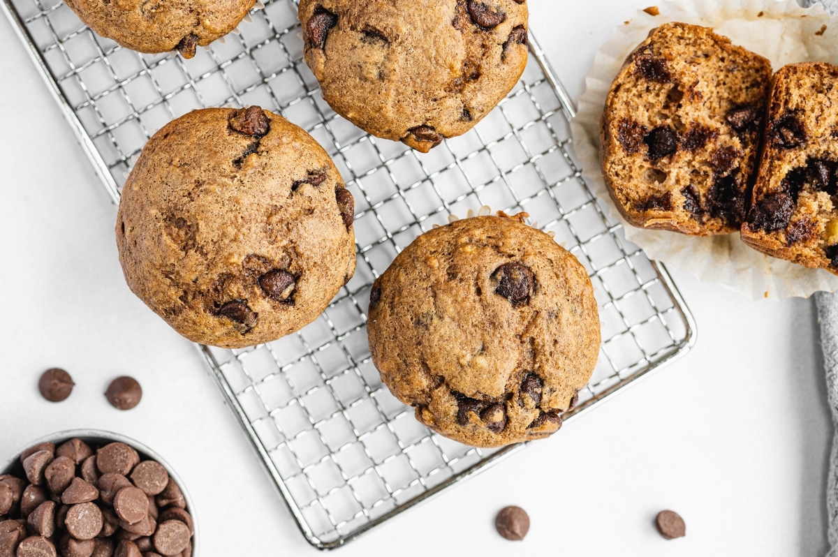 Chocolate Chip Banana Muffins one sliced open an overhead of Chocolate Chip Banana Muffins