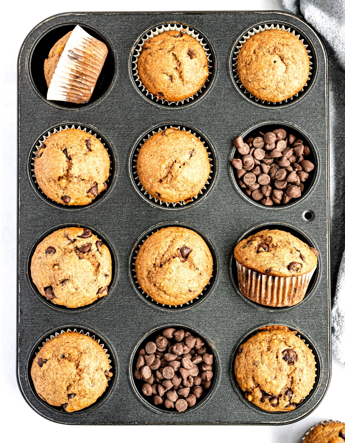 Chocolate Chip Banana Muffins in the muffin tin Chocolate Chip Banana Muffins in a muffin tin