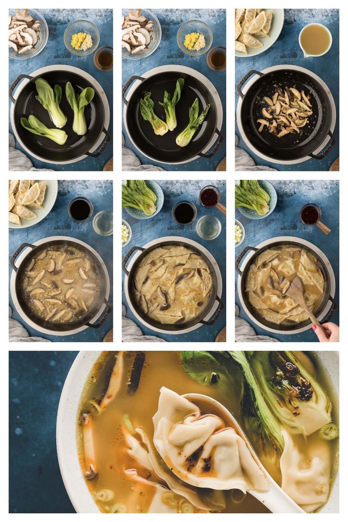 Step-by-step collage showing how to make wonton soup: heating sesame oil, searing bok choy, cooking garlic, ginger, and mushrooms, adding broth and wontons, and garnishing bowls with scallions, sesame seeds, and chili oil.
