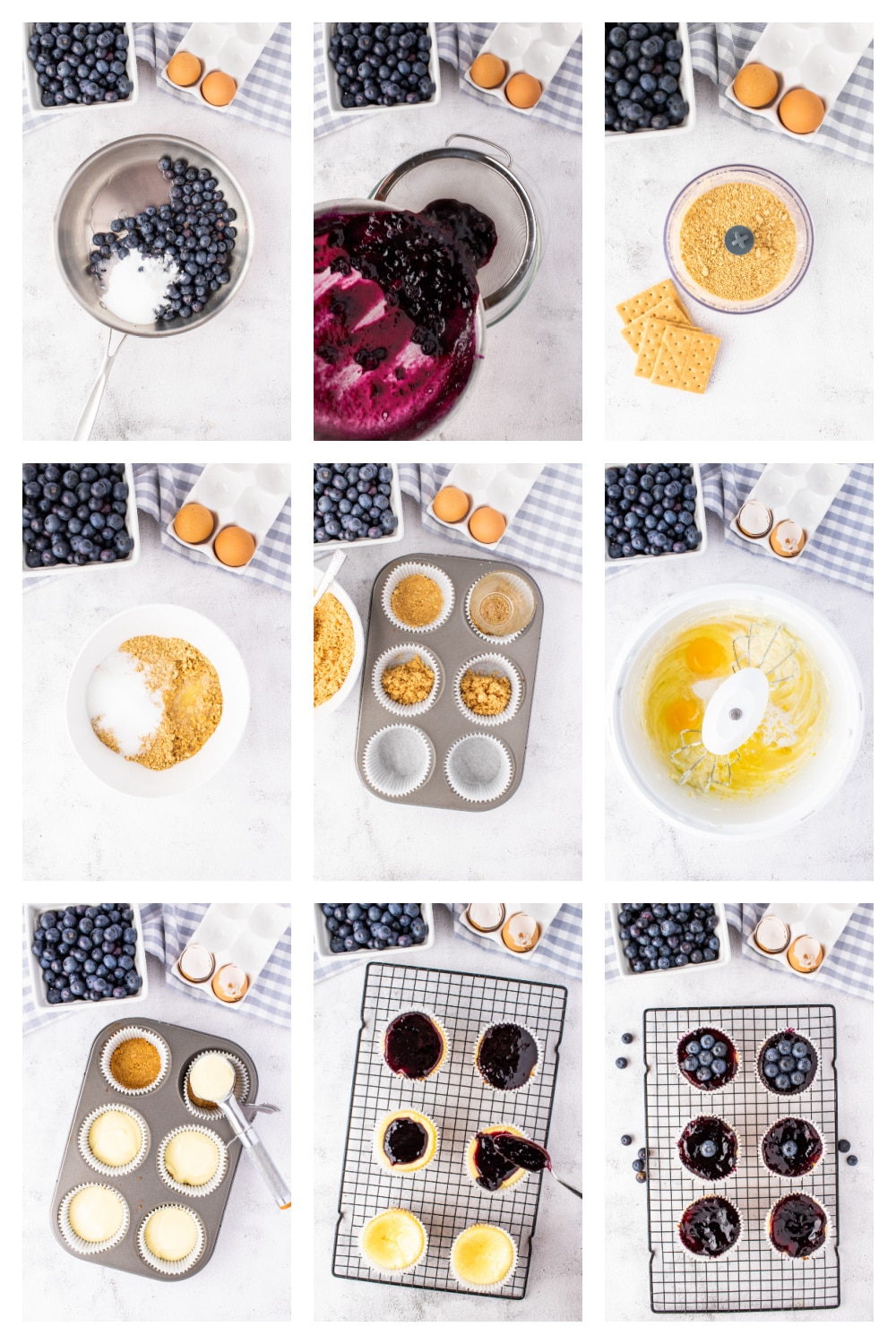 Step-by-step collage showing how to make mini cheesecakes with blueberry topping
