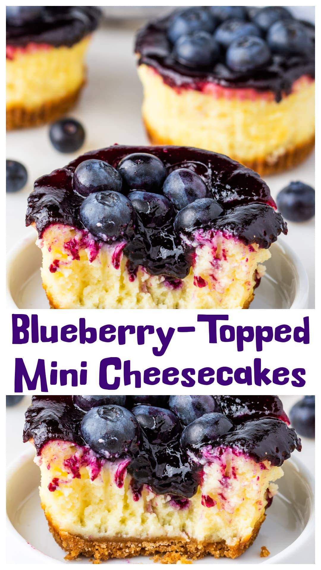 Blueberry-topped mini cheesecakes baked in a muffin tin with a graham cracker crust and quick blueberry topping. Creamy and smooth with fresh or frozen berries. These are great for summer desserts, easy to serve at BBQs or showers, and chill perfectly in the fridge. No slicing, no hassle—just pick up and eat. via @cmpollak1