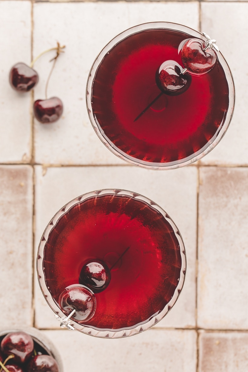 This sophisticated and unique version of a Cherry Martini is like no other you've experienced. Its incredibly punchy, but velvety, cherry flavor profile is balanced and its crimson, red color is captivating. Edible glitter is optional, but recommended if you're wanting to make a bold statement. cocktails with cherry liqueur