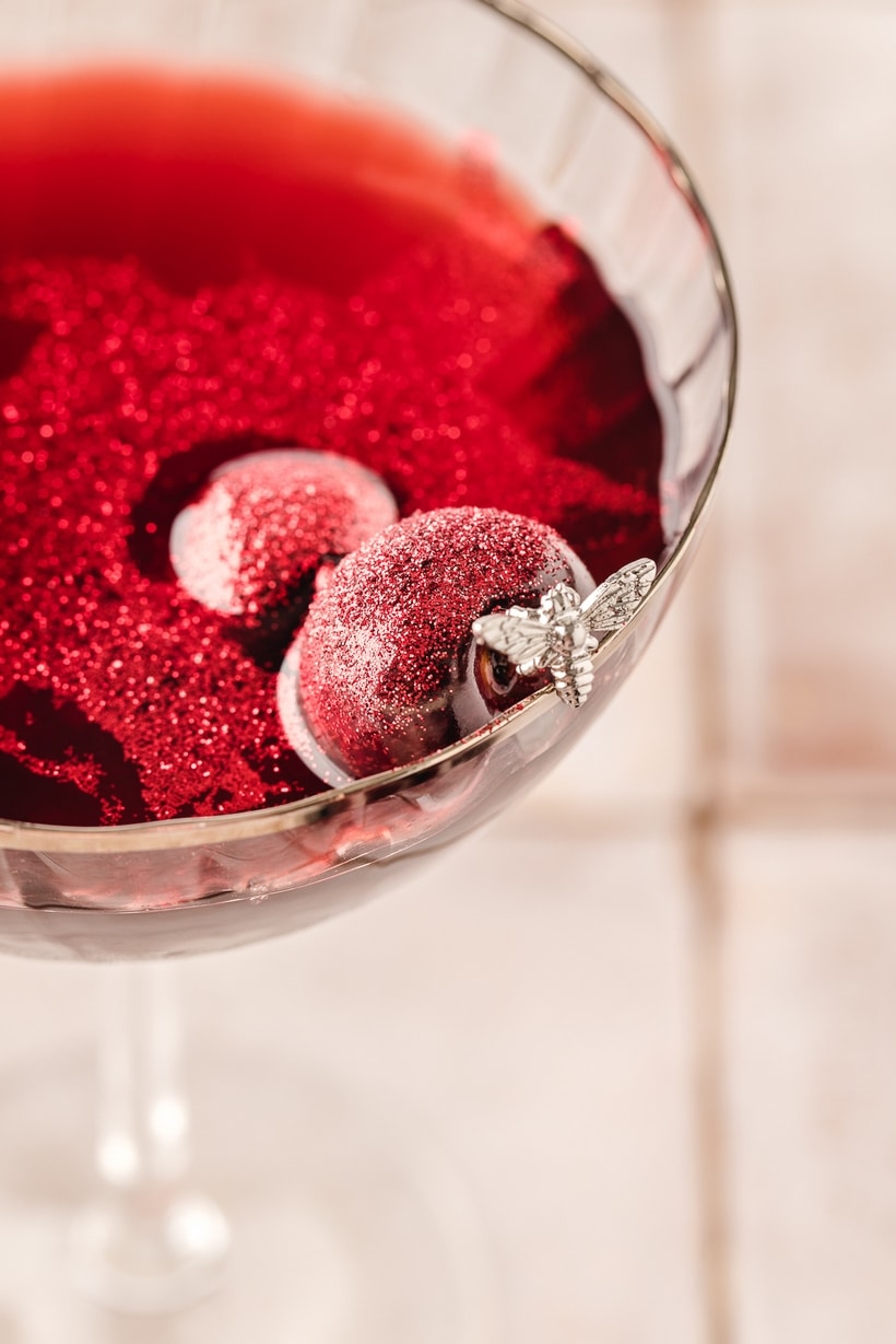 This sophisticated and unique version of a Cherry Martini is like no other you've experienced. Its incredibly punchy, but velvety, cherry flavor profile is balanced and its crimson, red color is captivating. Edible glitter is optional, but recommended if you're wanting to make a bold statement. cherry brandy cocktail