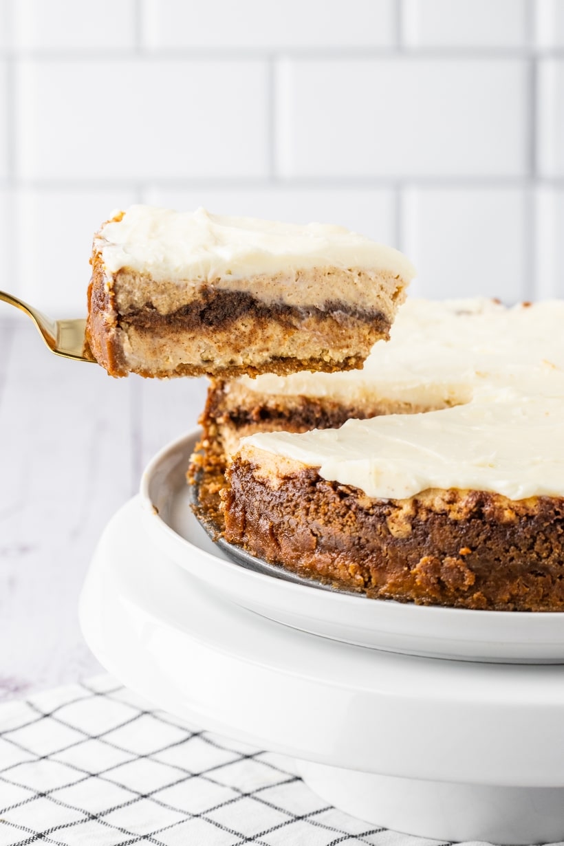 Have you enjoyed a slice of the Cinnabon Cinnamon Swirl Cheesecake from the Cheesecake Factory? While that cheesecake includes layers of vanilla crunch cake, this "cheesecake only" version is creamy and delicious, with thick veins of cinnamon swirl running through the middle. Every bite of this tangy and sweet cheesecake is covered in a cream cheese glaze and reminiscent of your favorite cinnamon roll. cinnamon cheesecake