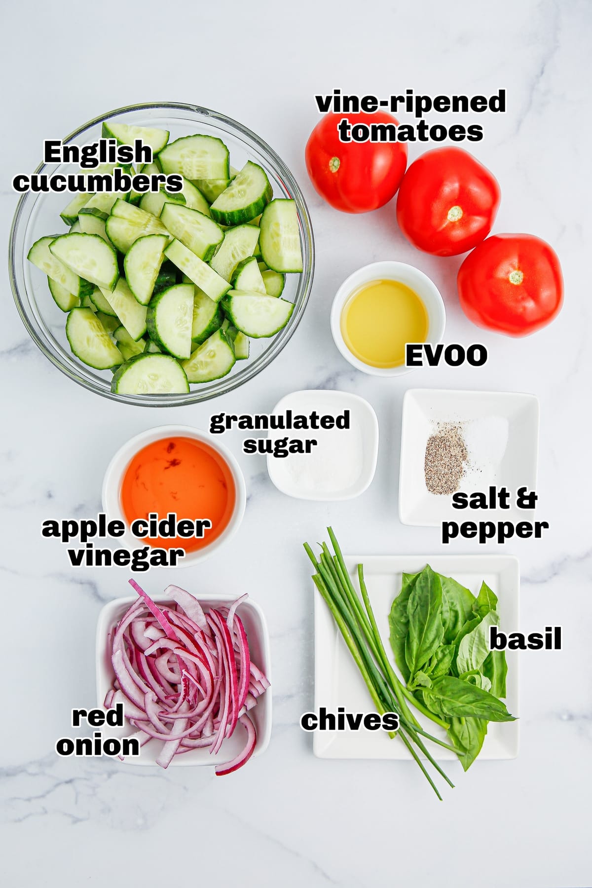 Overhead of labeled ingredients for cucumber tomato onion salad, including cucumbers, tomatoes, red onion, and apple cider vinegar