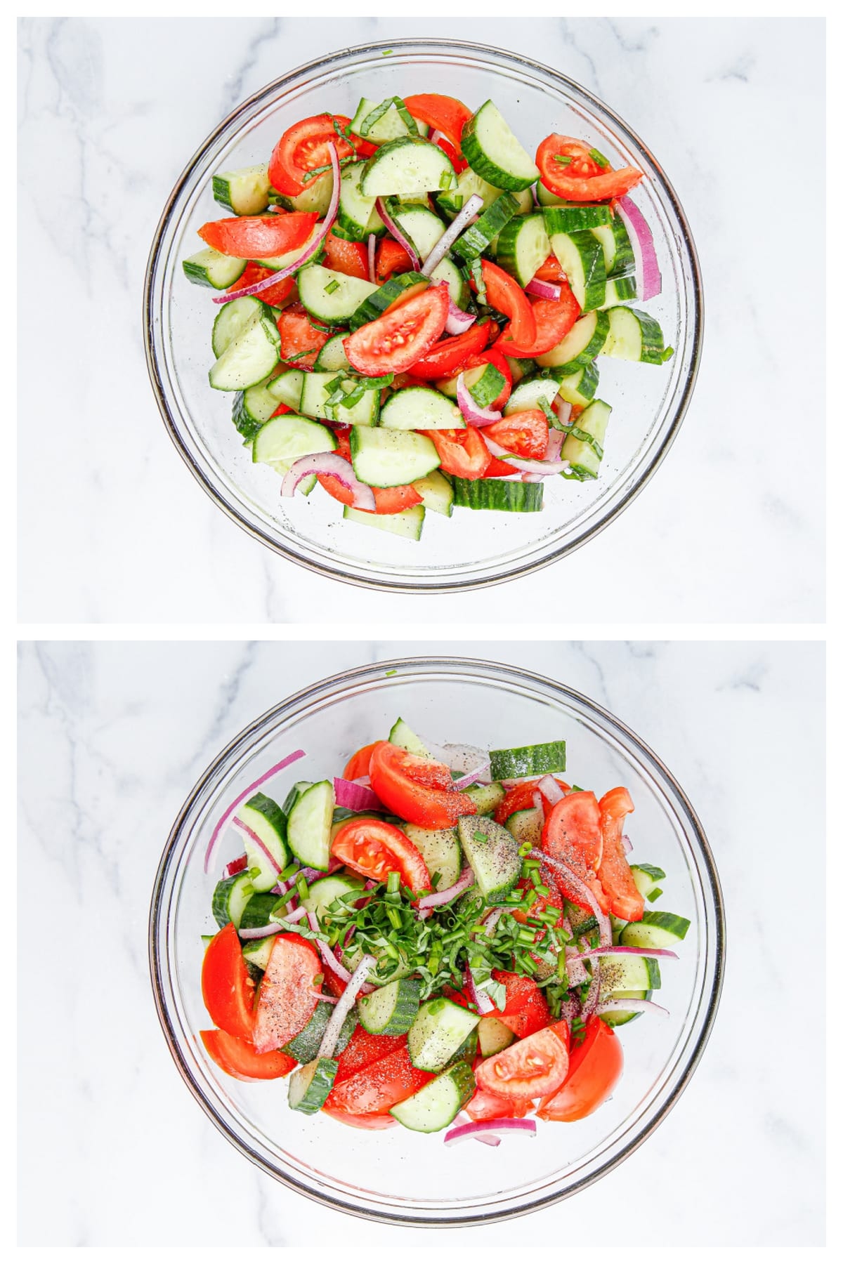 Step-by-step collage of cucumber tomato salad before and after tossing with dressing and herbs