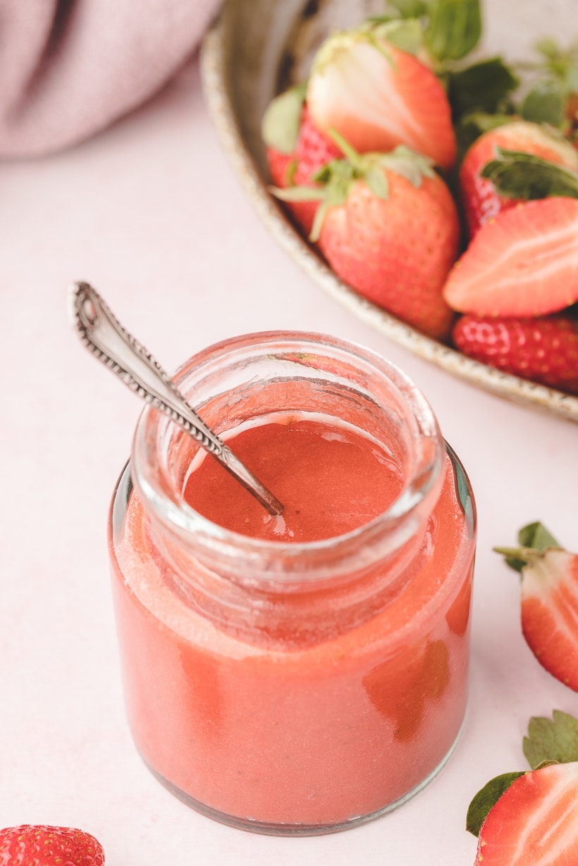 You're going to want to bottle up this simple Strawberry Sauce to always have on hand. Use it as a finishing touch on everything from waffles to pancakes, on top of cheesecake, drizzled over vanilla ice cream or spooned over shortcakes. strawberry shortcake topping