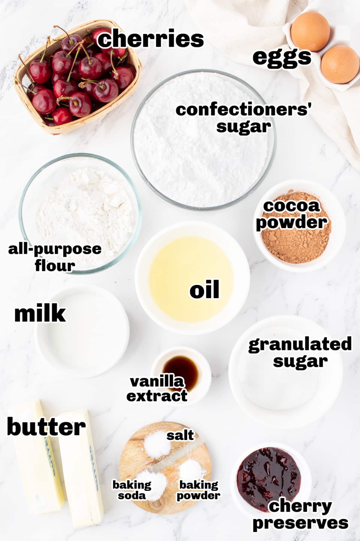 Step-by-step process collage showing ingredients and preparation for chocolate cherry cupcakes with cherry buttercream.