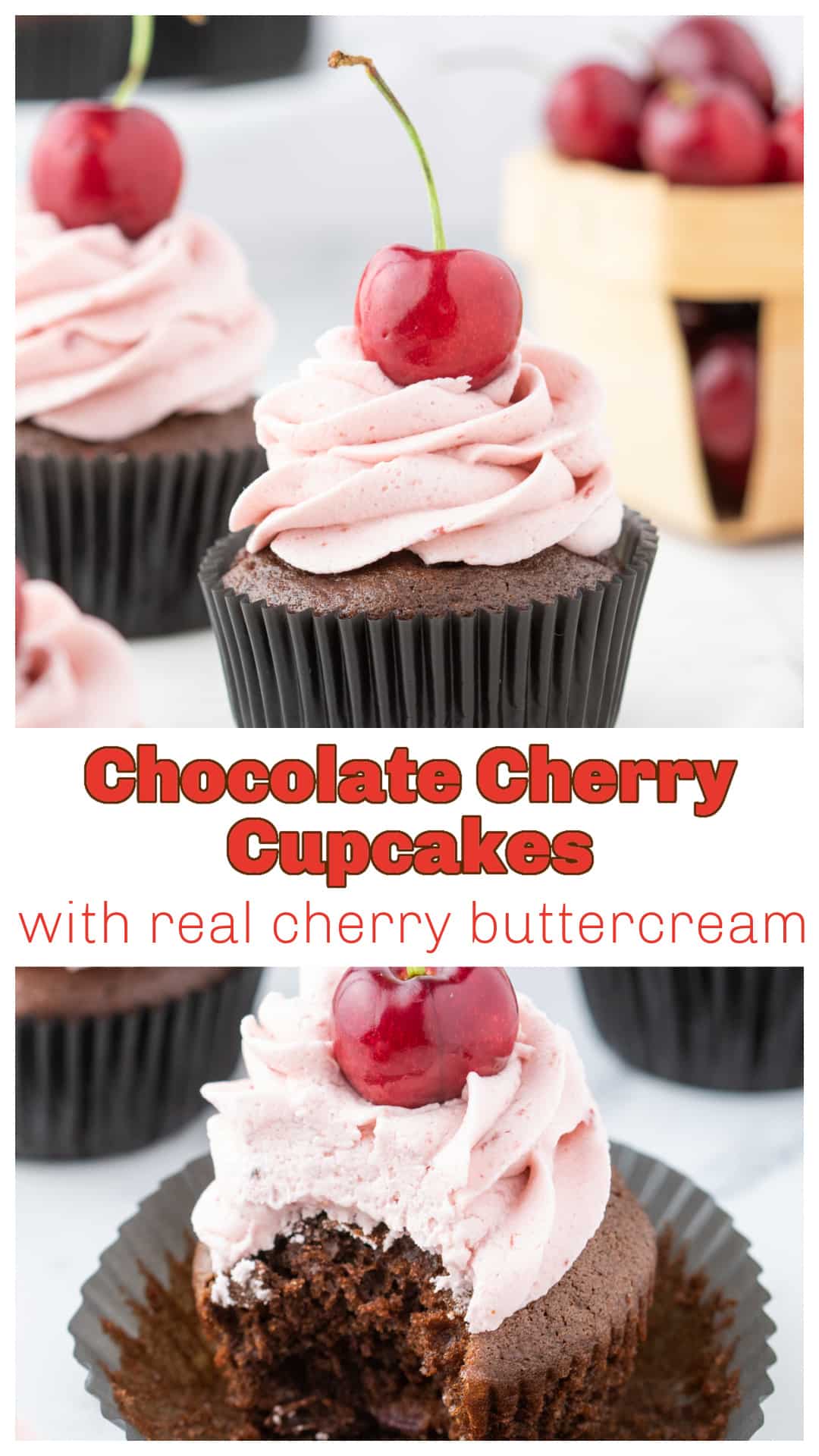 These chocolate cherry cupcakes are rich, moist, and loaded with fresh chopped cherries. Each one is topped with cherry buttercream made from real fruit preserves—not extract—and finished with a cherry on top. If you’re looking for a homemade dessert that actually tastes like chocolate and cherry, this is the one to bake. Get the full recipe and tips for storage, texture, and that perfect cherry frosting. It's the best summer dessert. via @cmpollak1