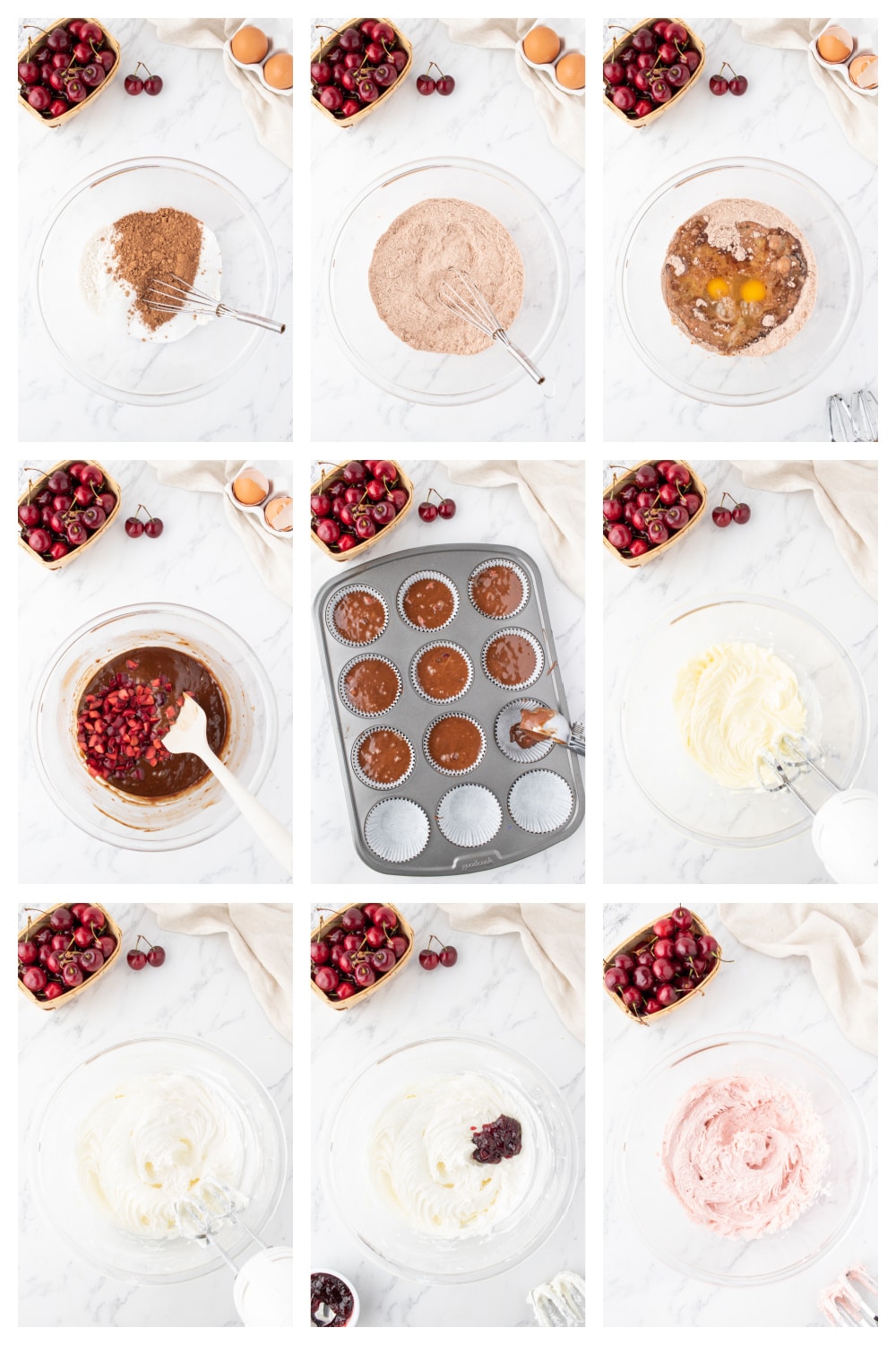 Step by step collage making chocolate cherry cupcakes and cherry buttercream