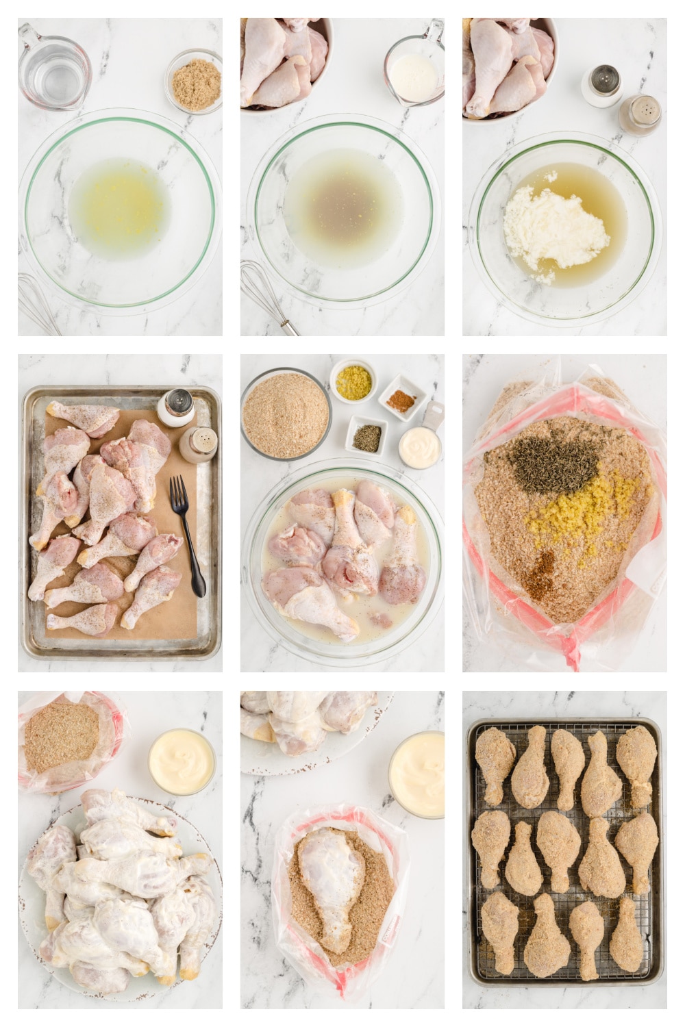 How to Make Lemonade Chicken Drumsticks step by step process showing how to make lemonade chicken drumsticks from marinade to coating and baking