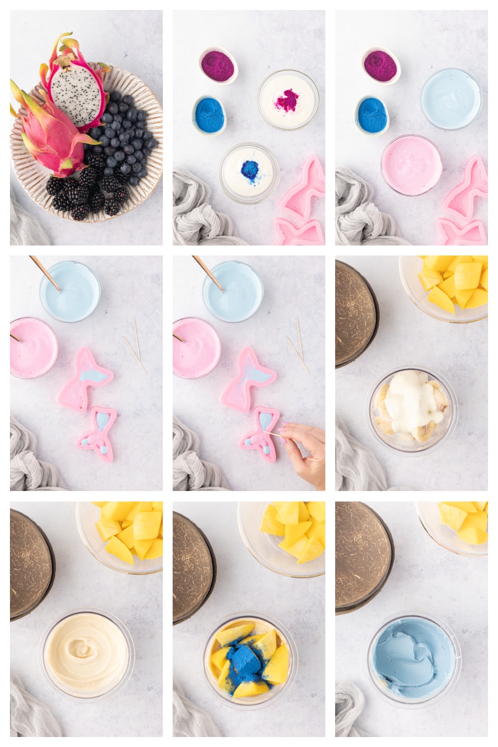 See how mermaid smoothie bowls come together from start to finish. Process collage showing how to make mermaid smoothie bowls, including coloring yogurt, filling silicone molds, blending the smoothie, and decorating the bowl.