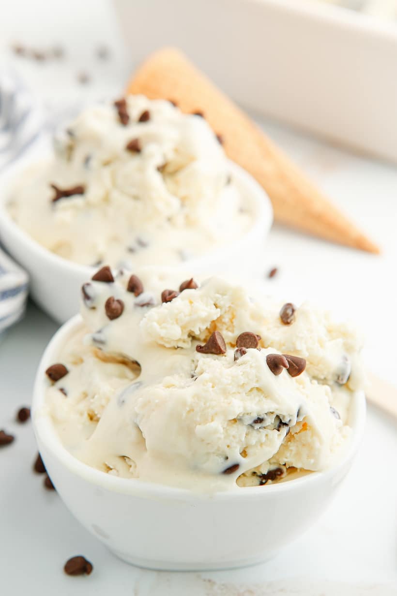 Chocolate Chip Cookie Dough Ice Cream, arguably the most classic combo, when it comes to making a mash up of cookie and ice cream flavors. This no churn version takes a short cut and does not require purchasing a tub of cookie dough to make it happen. chocolate chip cookie dough ice cream