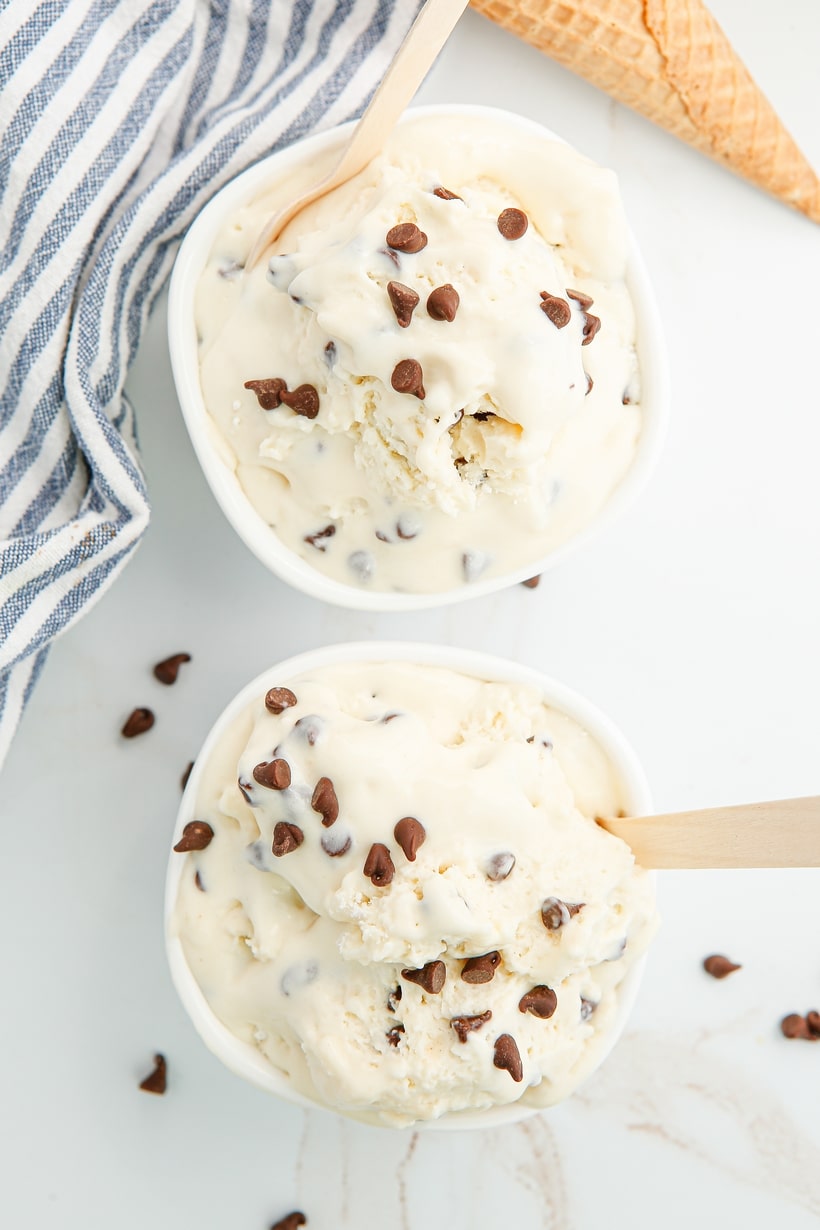 Chocolate Chip Cookie Dough Ice Cream, arguably the most classic combo, when it comes to making a mash up of cookie and ice cream flavors. This no churn version takes a short cut and does not require purchasing a tub of cookie dough to make it happen. ice cream with cookie dough