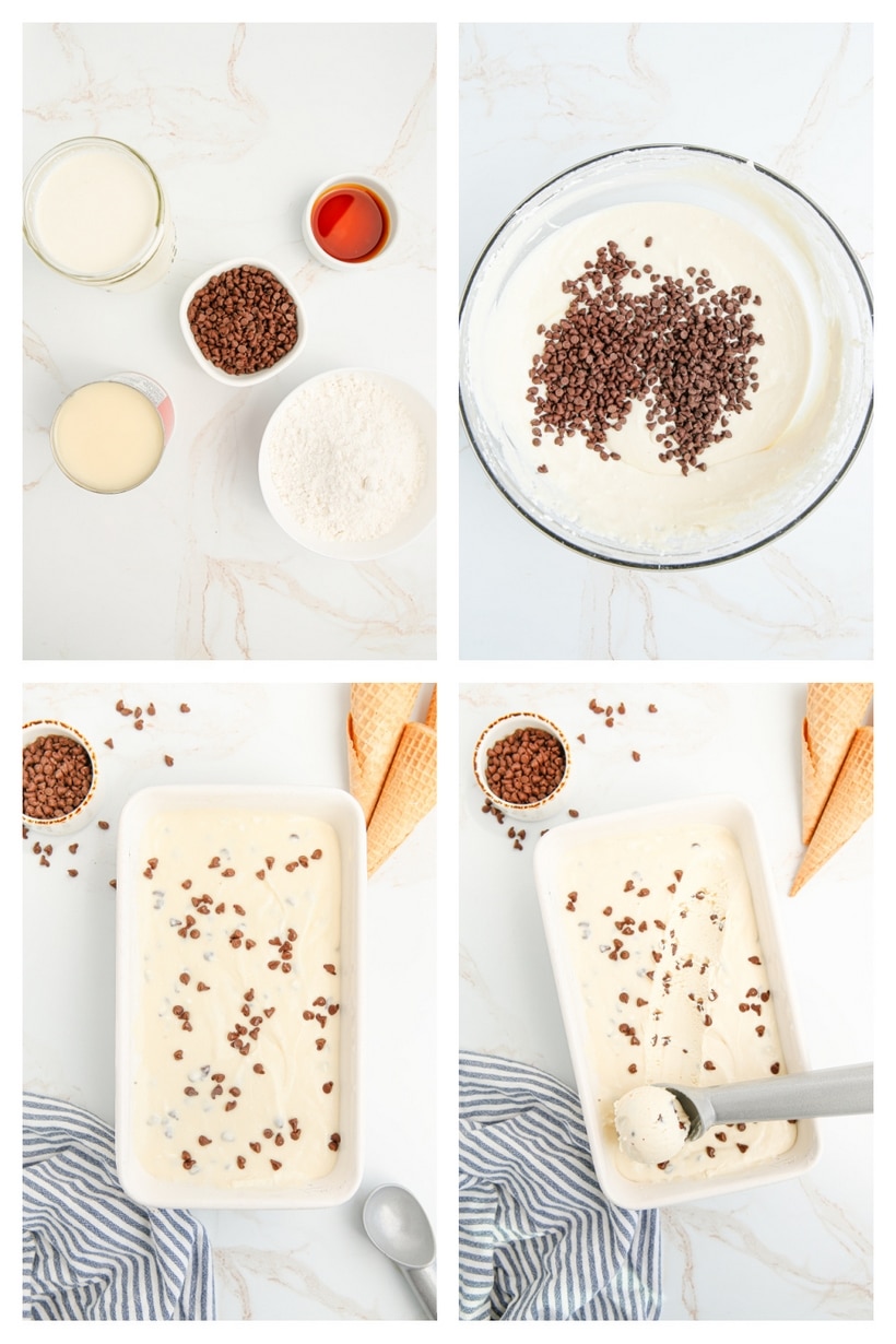 Chocolate Chip Cookie Dough Ice Cream, arguably the most classic combo, when it comes to making a mash up of cookie and ice cream flavors. This no churn version takes a short cut and does not require purchasing a tub of cookie dough to make it happen. ice cream cookie dough