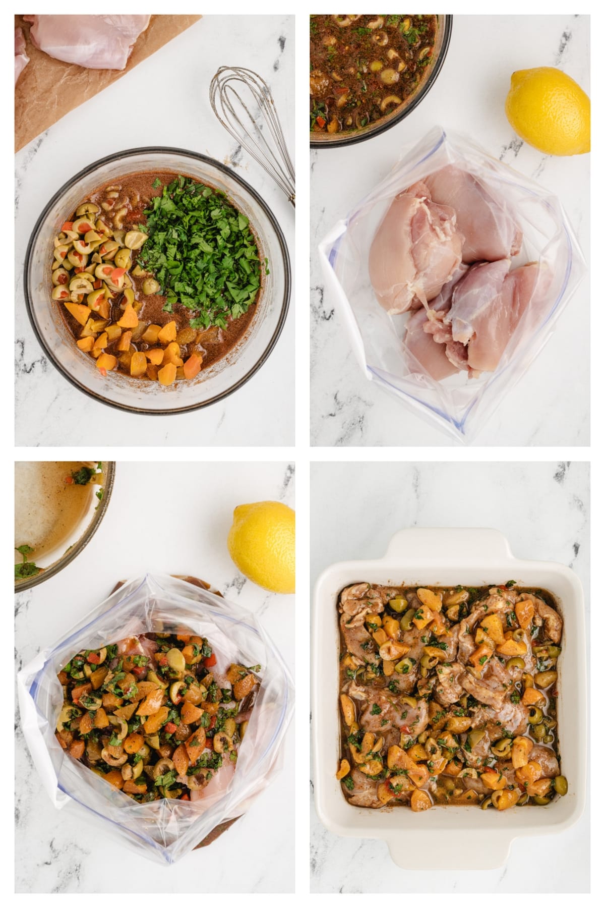how to make apricot chicken thighs step by step Step-by-step collage showing marinade assembly, chicken in zip-top bag, mixing marinade with chicken, and baking dish ready for oven.