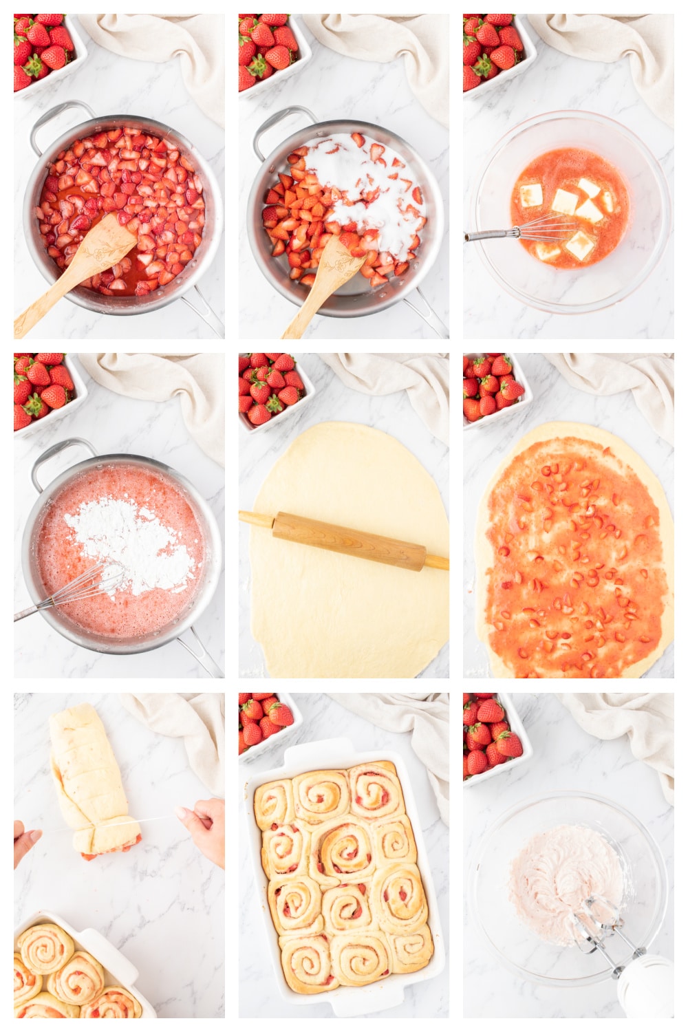 Collage of process photos showing key steps like making the filling, mixing dough, rolling, and assembling the rolls.
