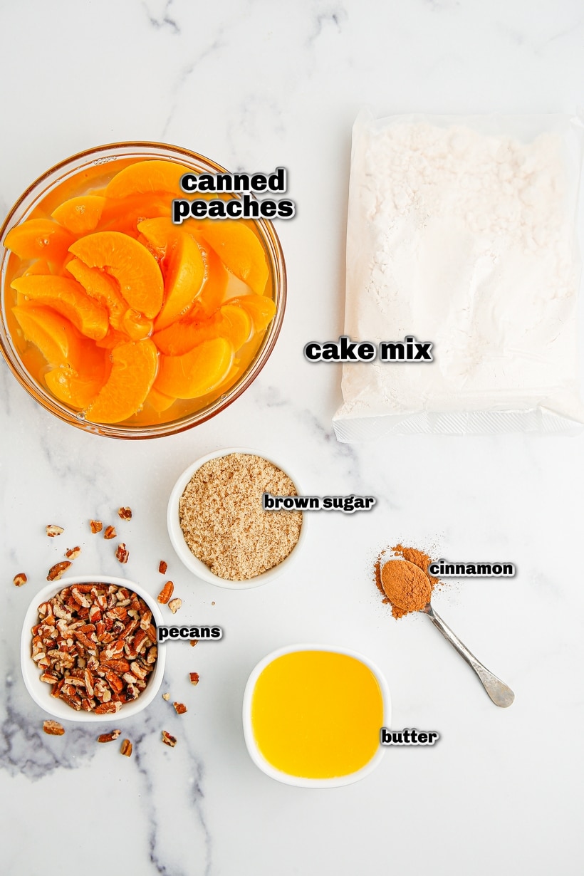 Dessert doesn't get easier than this Peach Dump Cake recipe made with canned peaches. Just dump (layer) everything in a baking dish and place it in the oven. ingredients