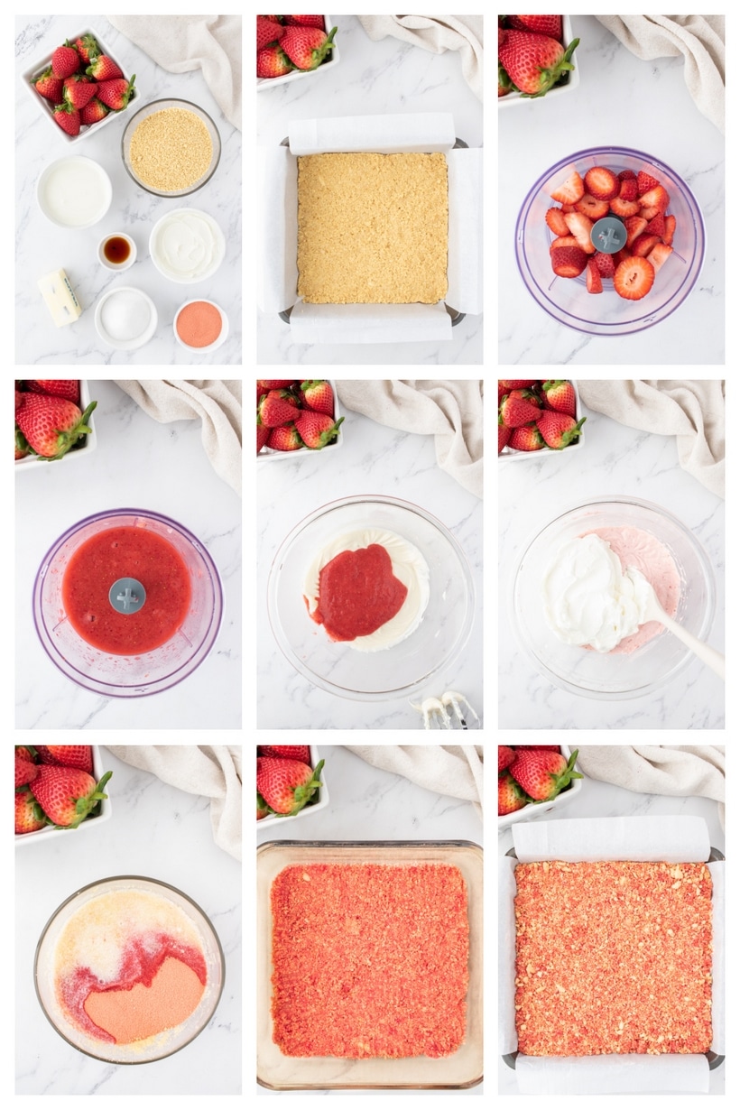Rich and creamy cheesecake bars kissed with fresh strawberries and studded with a crumbly strawberry crunch are the official answer to what to serve to your favorite people in the coming weeks. With a quick press-in golden Oreo crust, a simple cream cheese base, and a short trip to the oven, they couldn’t be easier to make. These bars are a treat fit for a celebration. strawberry crunch cheesecake