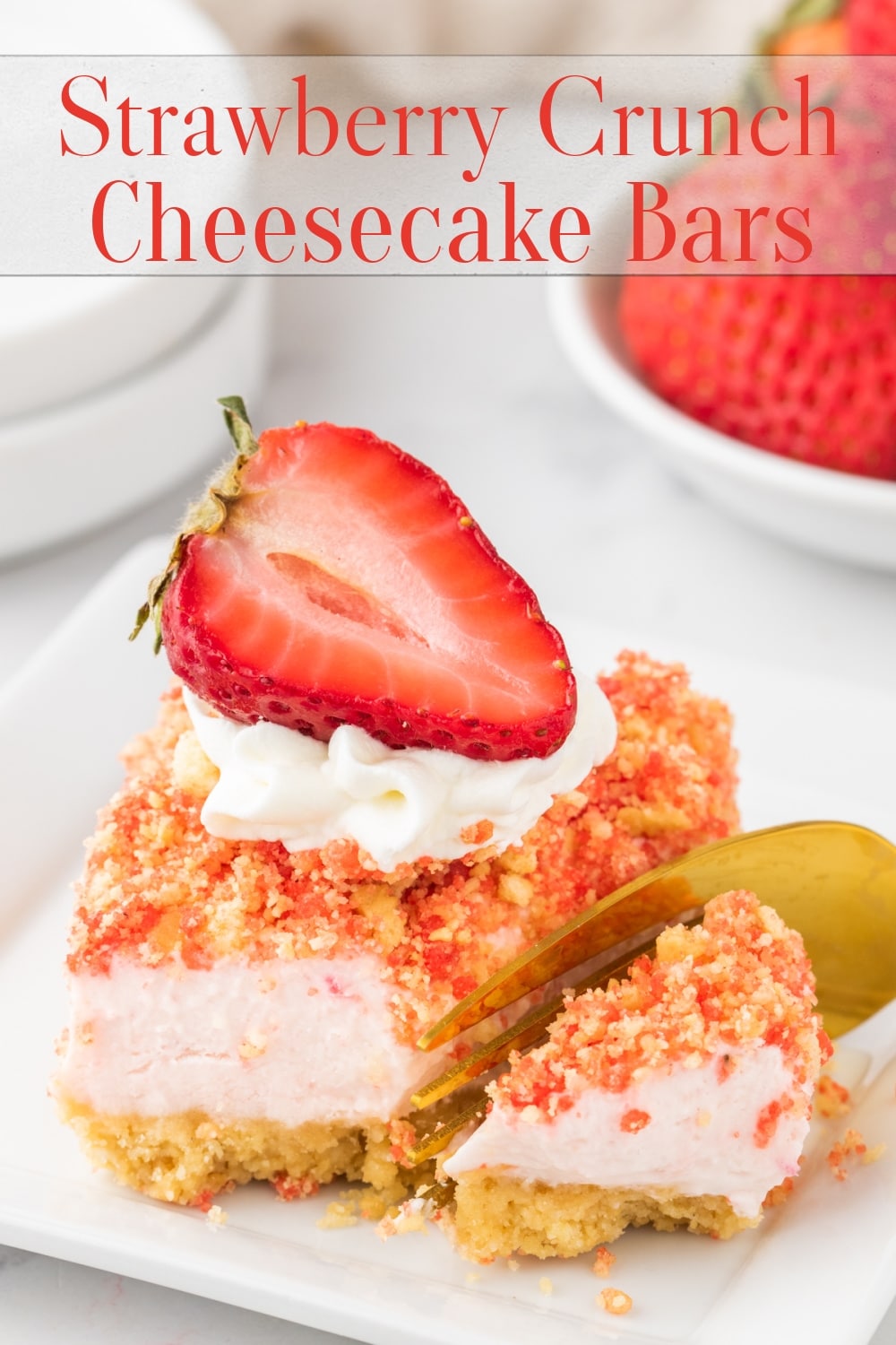 Rich and creamy cheesecake bars kissed with fresh strawberries and studded with a crumbly strawberry crunch are the official answer to what to serve to your favorite people in the coming weeks. With a quick press-in golden Oreo crust, a simple cream cheese base, and a short trip to the oven, they couldn’t be easier to make. These bars are a treat fit for a celebration. via @cmpollak1