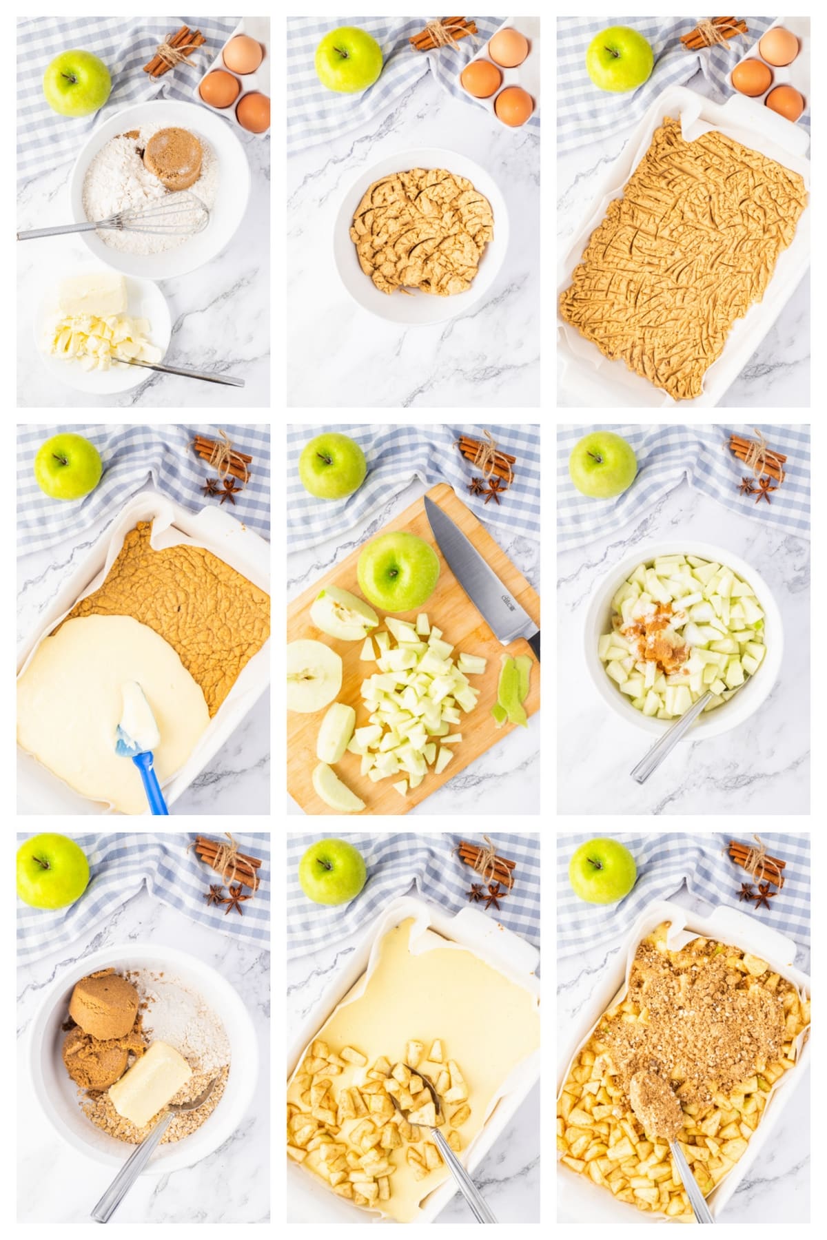How to make apple cheesecake bars. Step-by-step collage showing how to make apple cheesecake bars with crust, cheesecake filling, apples, streusel, and caramel drizzle.