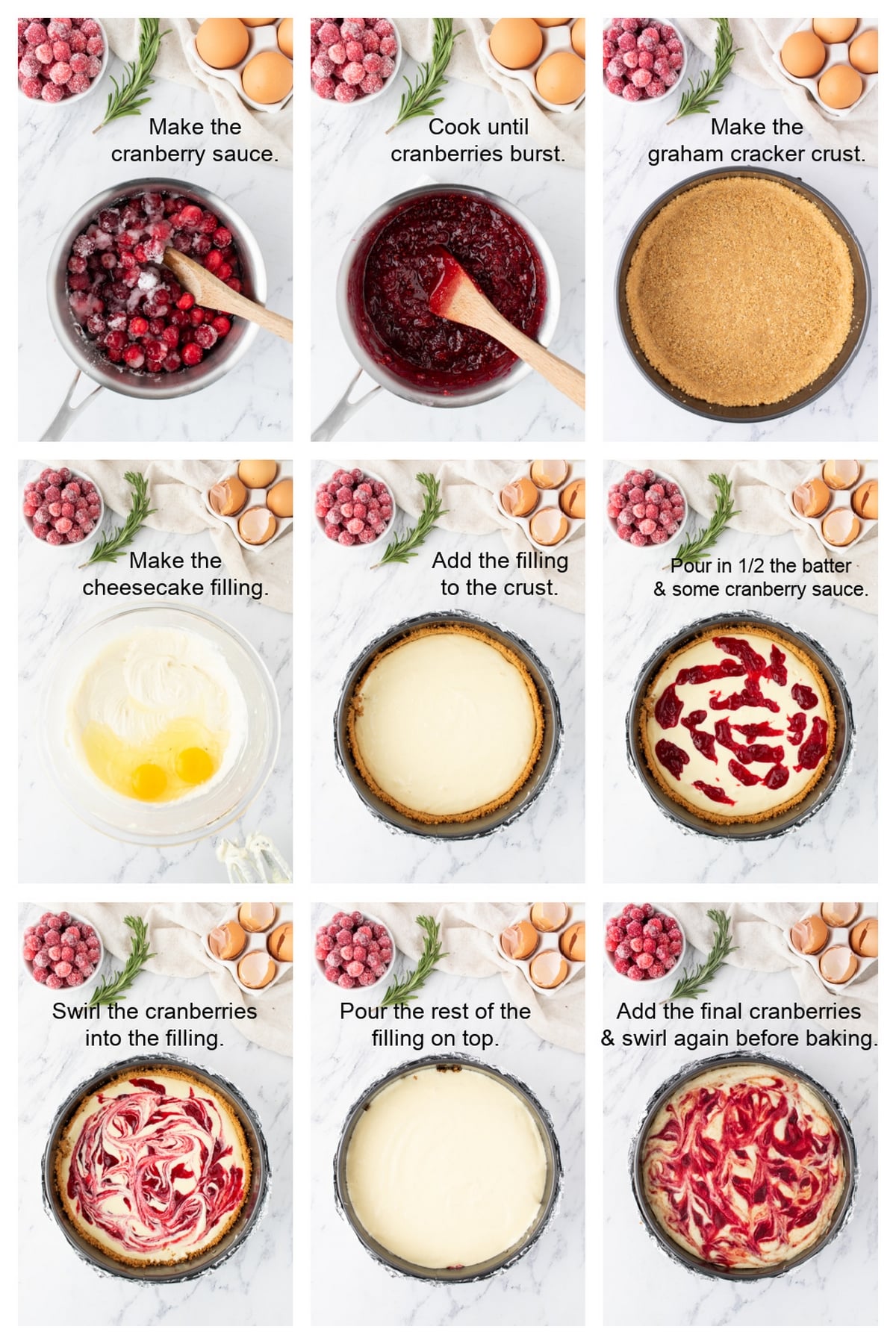 Step-by-Step Guide to Making Cranberry Cheesecake. Step-by-step photos showing how to make cranberry cheesecake, including the crust, filling, cranberry swirl, and baking process.