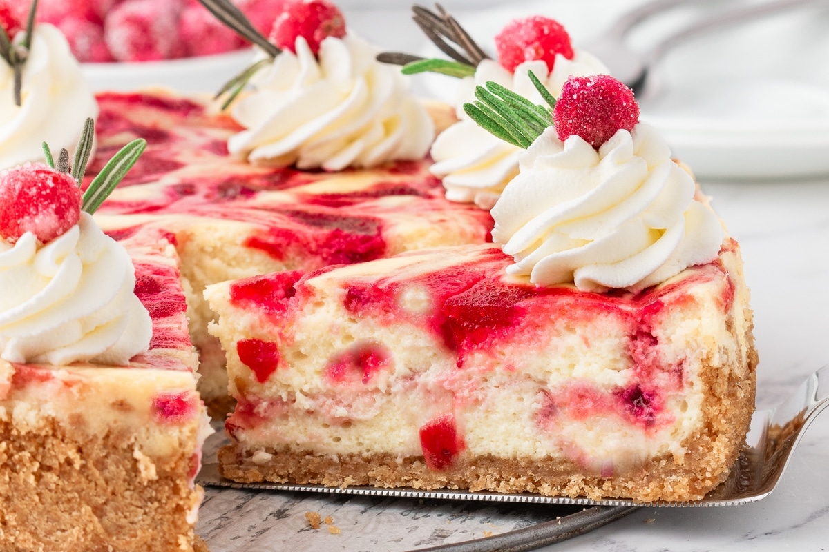 Slice of Cranberry Cheesecake Being Served. A slice of cranberry cheesecake being lifted from the whole cheesecake, revealing the cranberry swirl and creamy texture.
