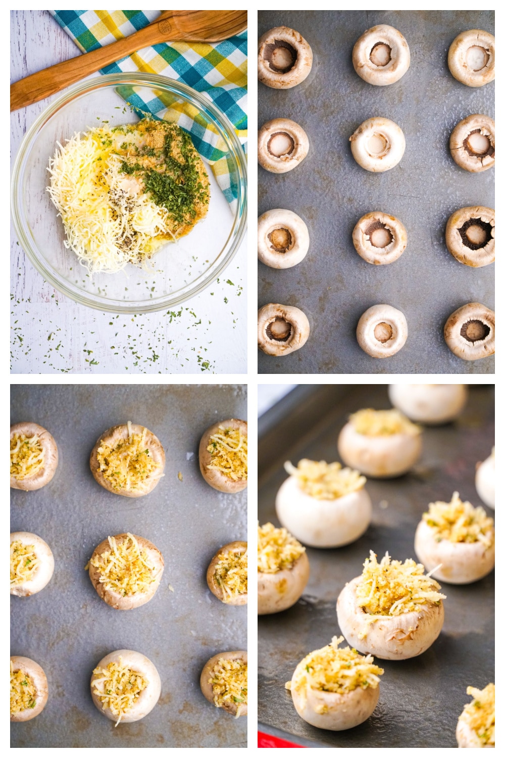 Step-by-step collage of Italian stuffed mushrooms preparation. Step-by-step process of making Italian stuffed mushrooms.
