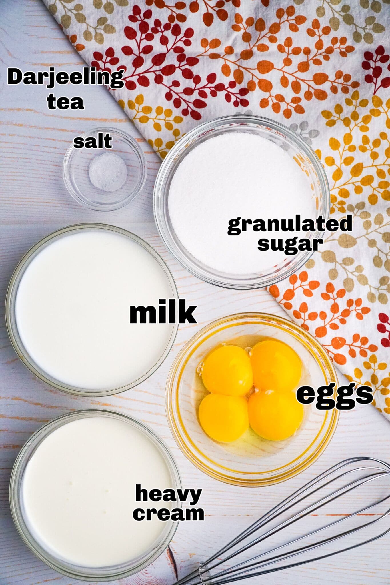 Eggs, heavy cream, milk, and sugar displayed on a countertop for Chai Eggnog preparation.