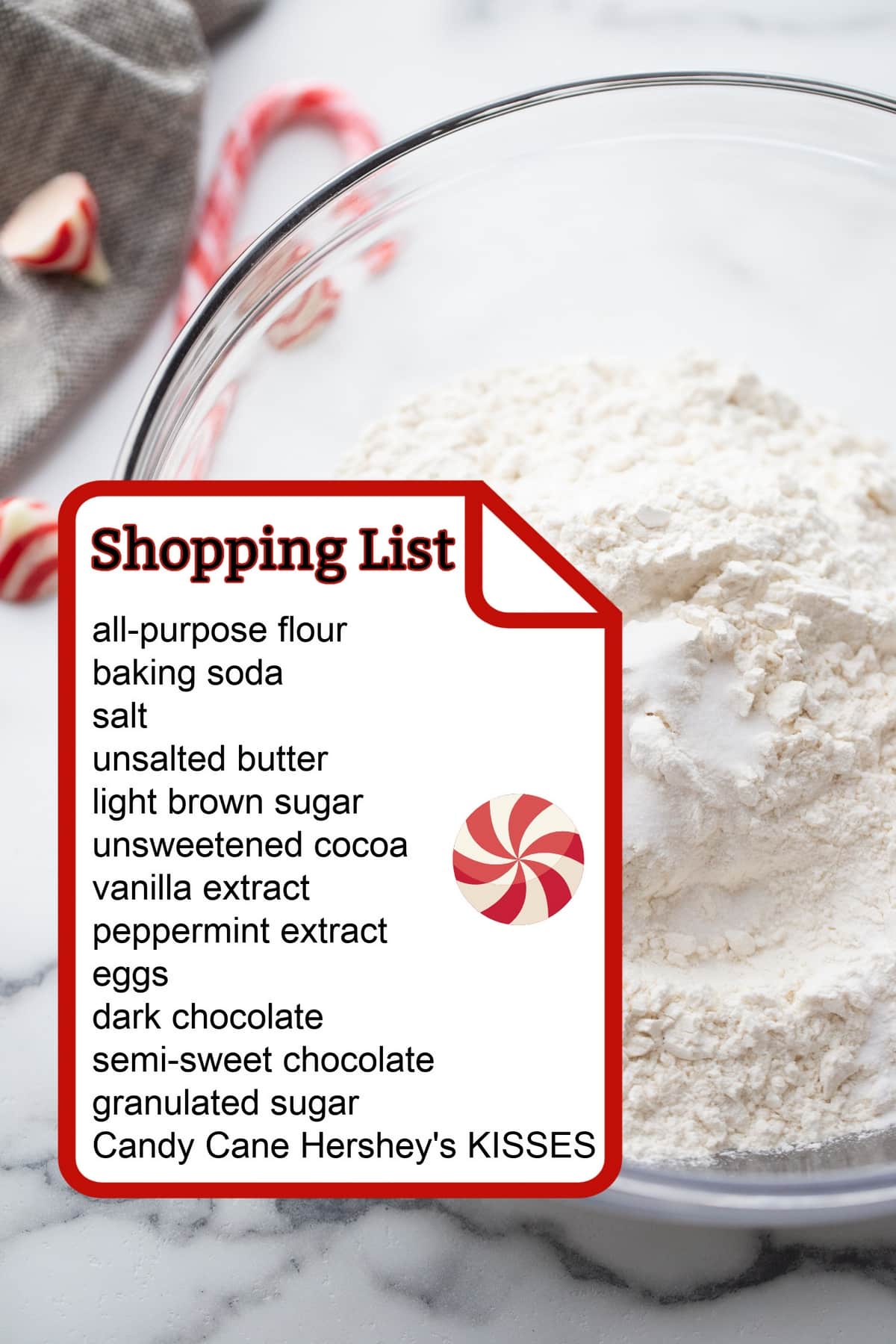A bowl of flour with a shopping list of ingredients.