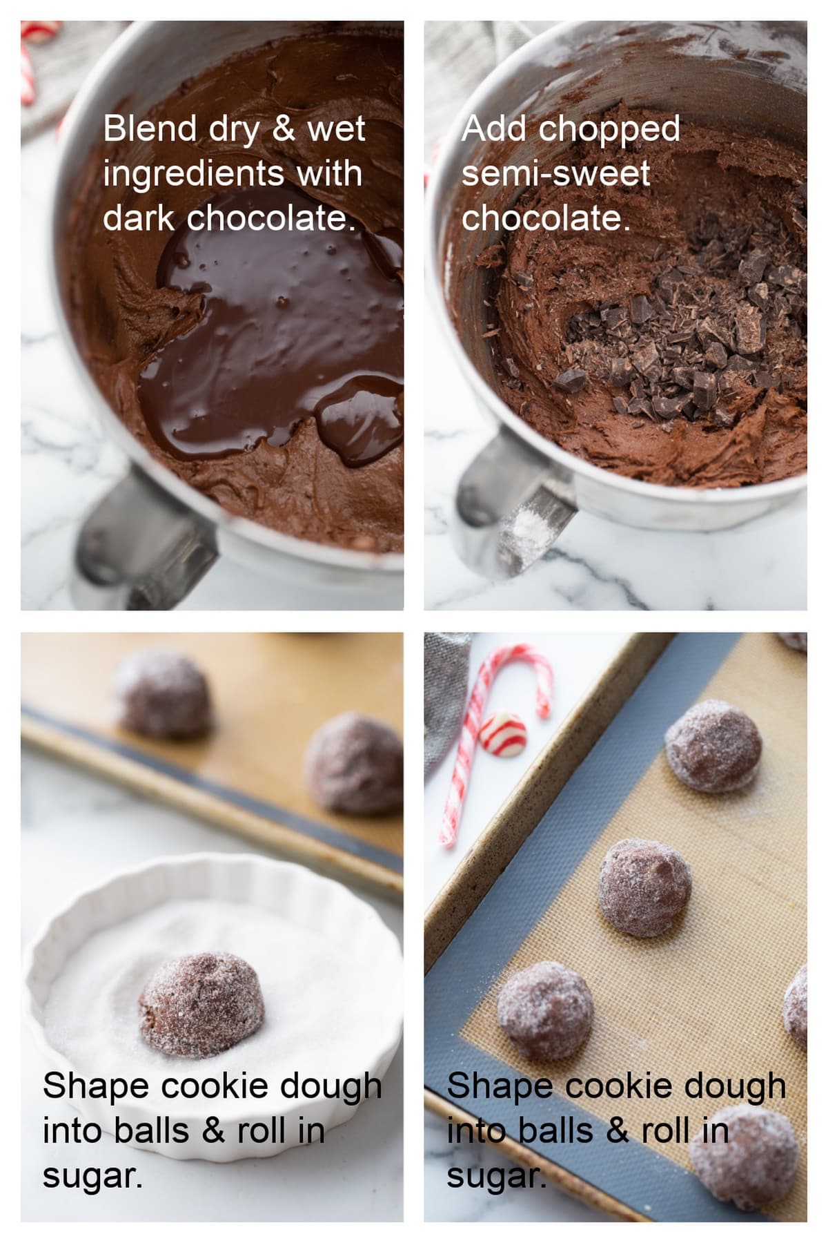 Step-by-step images of making Dark Chocolate Peppermint Crackle Cookies, from mixing dough to shaping cookies.