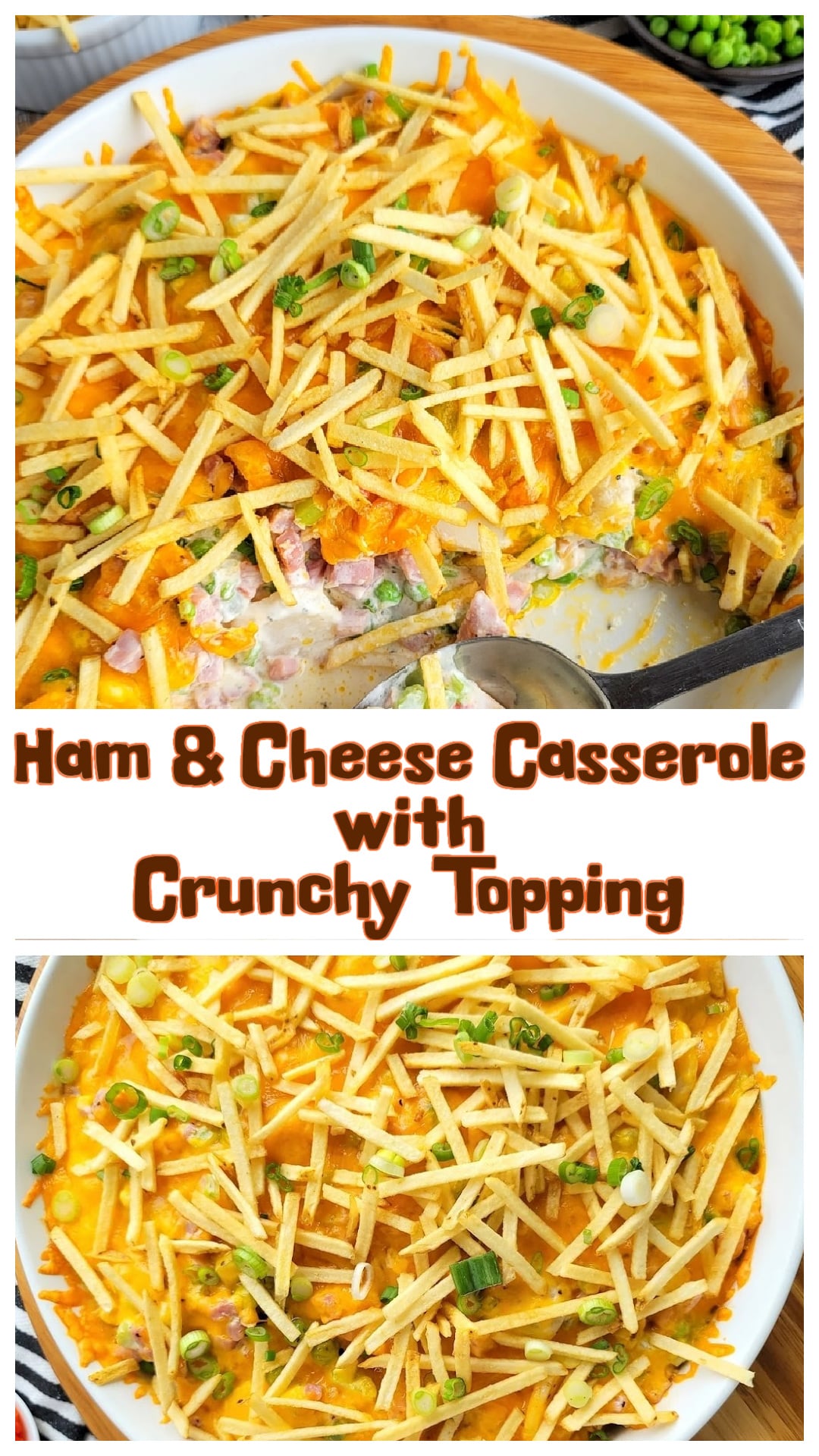 Ham and Cheese Casserole with Crunchy Topping is a creamy, comforting way to use up leftover ham. It’s packed with texture from almonds, peas, celery, and water chestnuts, then topped with melty cheddar and crispy shoestring potatoes. Easy to make, full of flavor, and perfect for a cozy dinner or casual get-together. Make it ahead, reheat it later, or freeze it for another day—it holds up well and tastes even better the next time around. via @cmpollak1