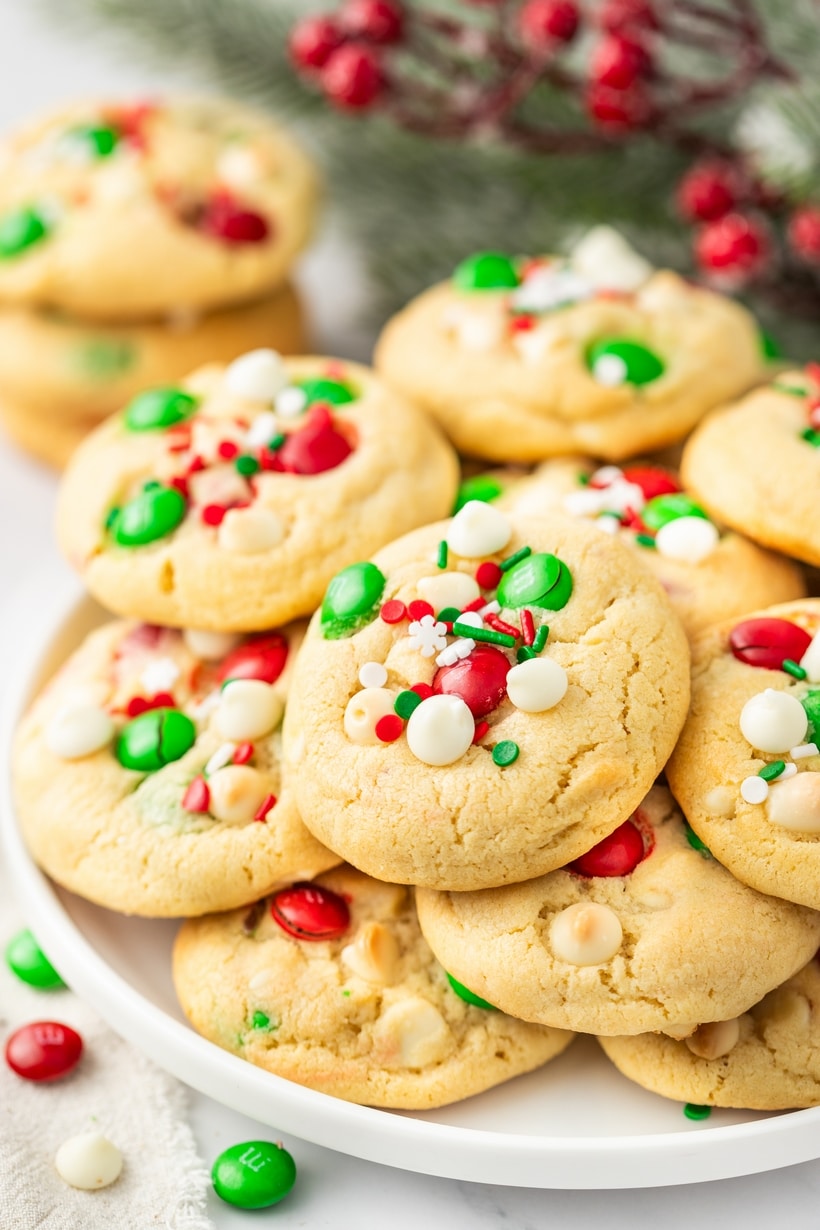 M&M Christmas Cookies ready for Santa M&M Christmas Cookies recipe on a white plate