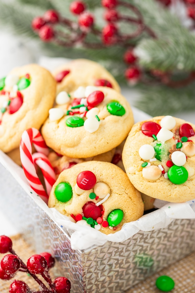 M&M Christmas Cookies in a box for giving. cookies for santa